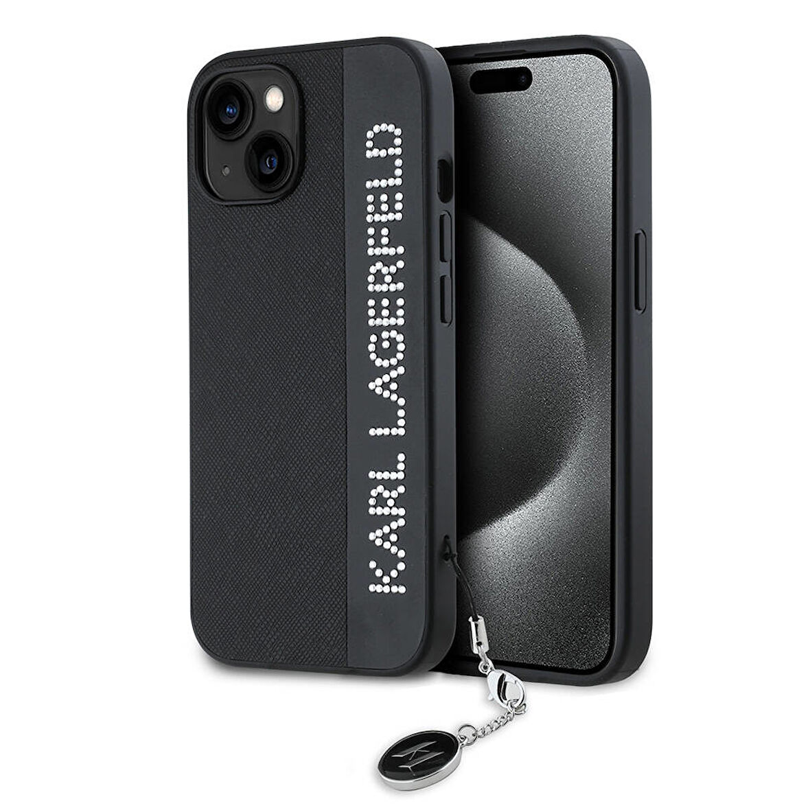iPhone 14 Kılıf Karl Lagerfeld Lisanslı Anahtarlıklı Taşlı KL Yazılı Saffiano Rhinestones Siyah