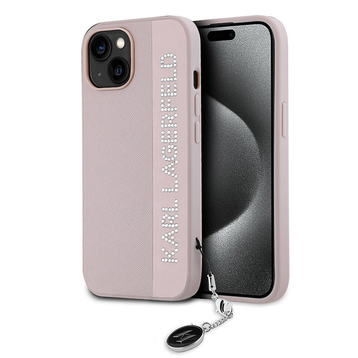 iPhone 14 Kılıf Karl Lagerfeld Lisanslı Anahtarlıklı Taşlı KL Yazılı Saffiano Rhinestones Pembe