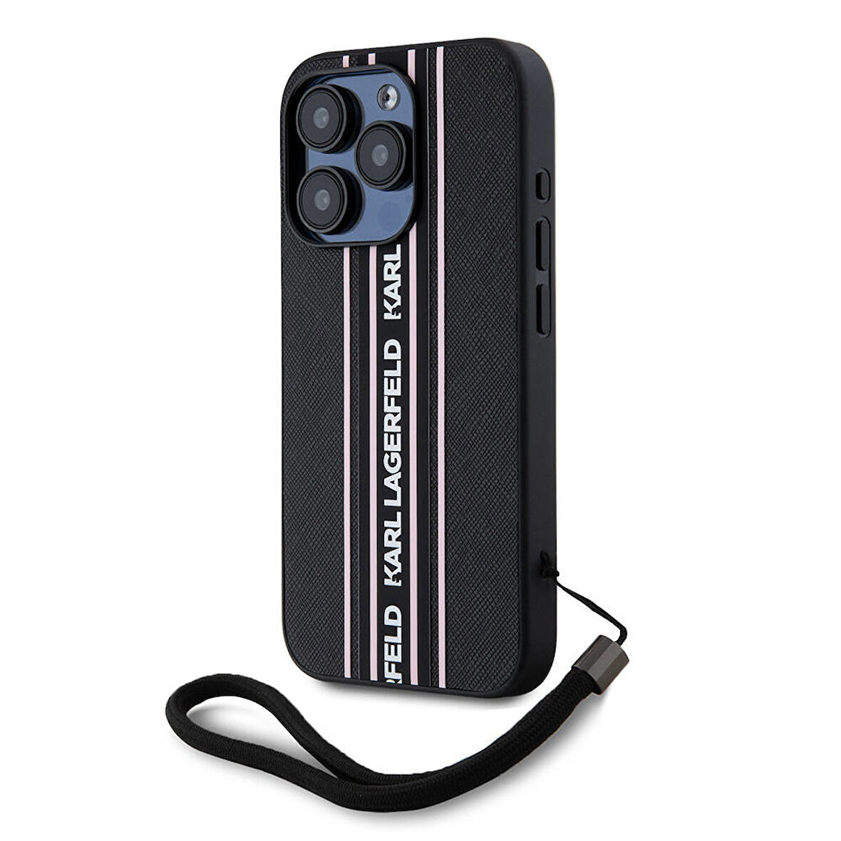 iPhone 16 Pro Max Kılıf Karl Lagerfeld Orjinal Lisanslı Askılı Saffiano Athleisure Şerit Çizgi Pembe
