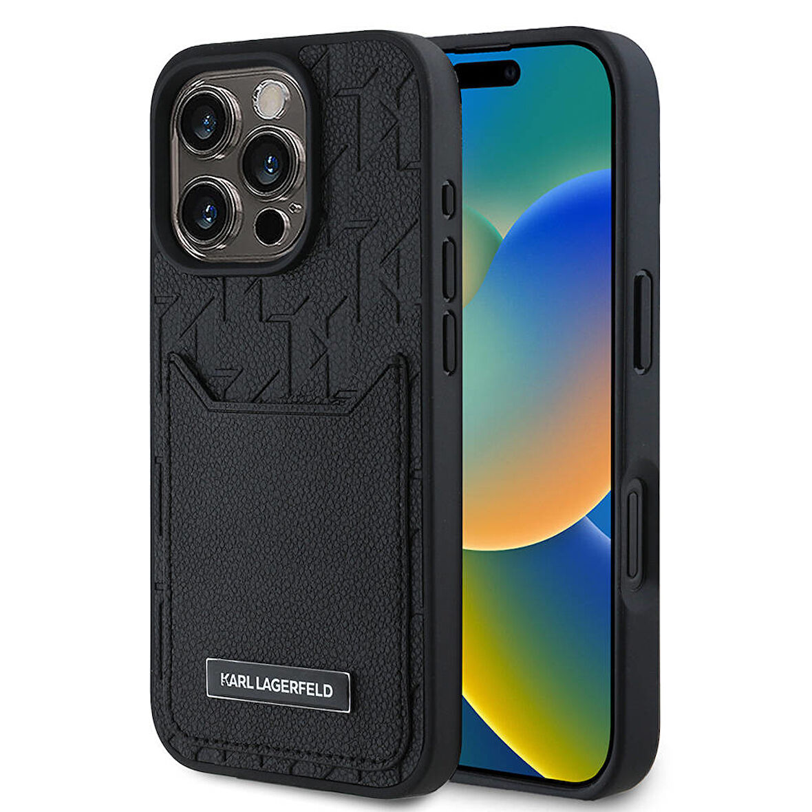 iPhone 16 Pro Kılıf Karl Lagerfeld Lisanslı Kartlıklı Monogram Sıcak Damgalı Elongated Logo Siyah