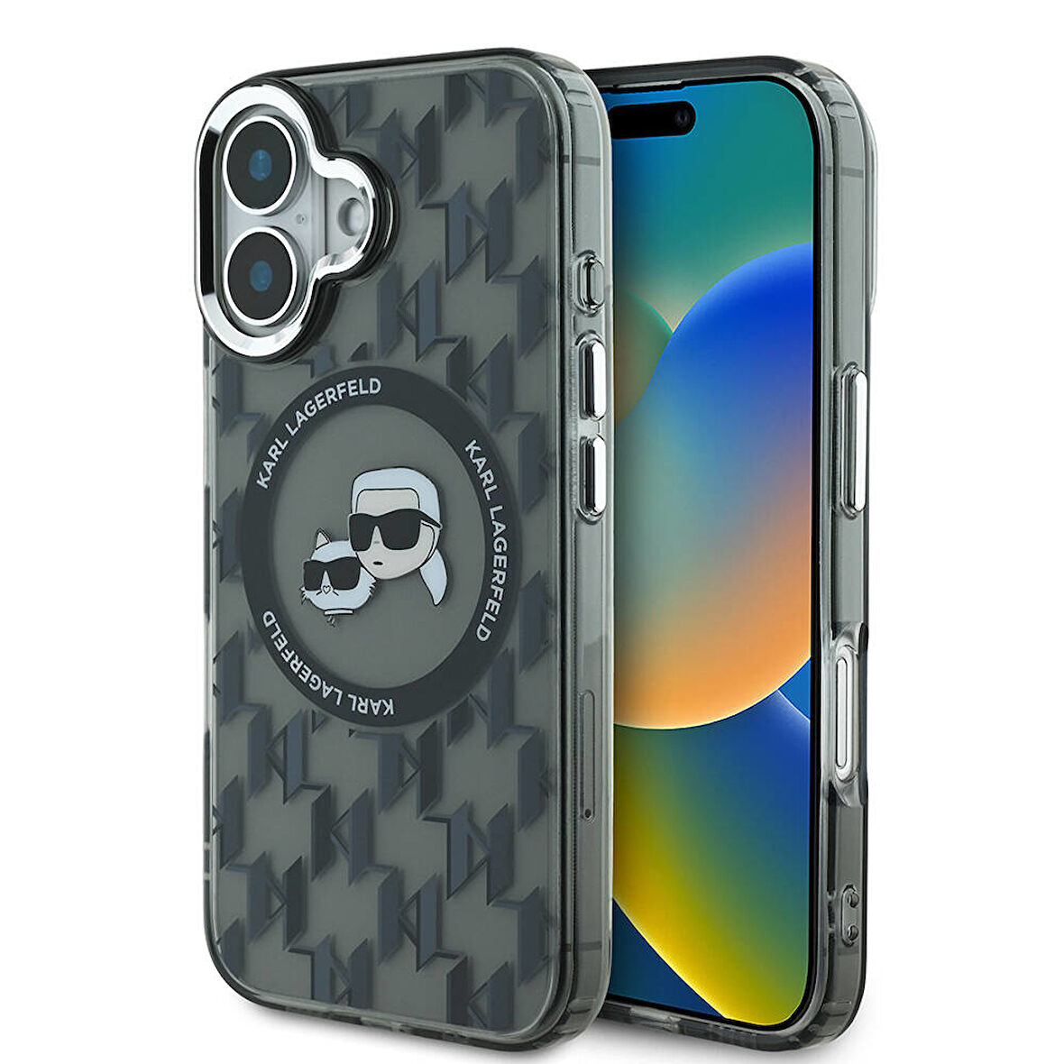 iPhone 16 Kılıf Karl Lagerfeld Lisanslı Magsafe Özellikli IML Baskılı Metal Monogram KC Heads Siyah