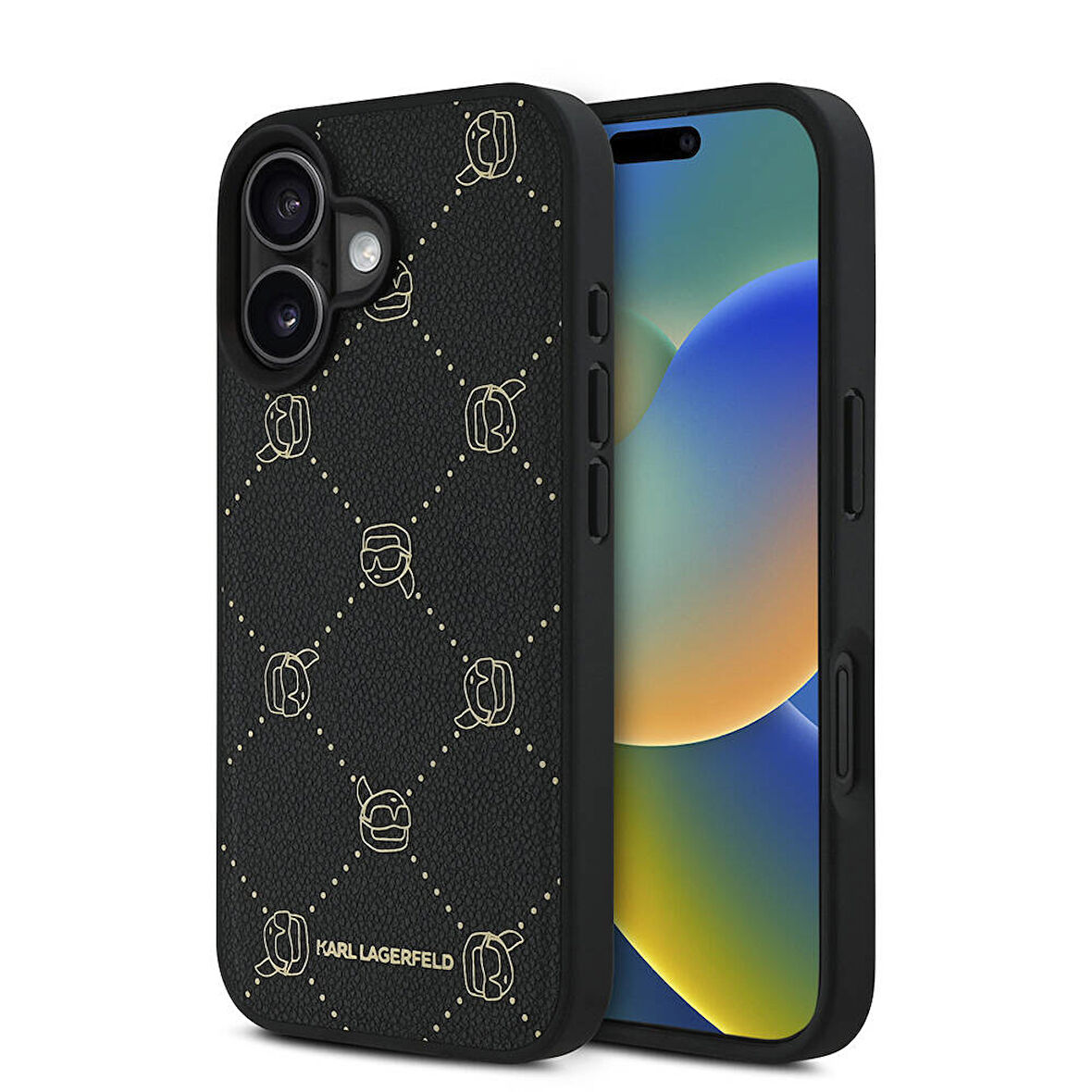 iPhone 16 Kılıf Karl Lagerfeld Lisanslı Magsafe Özellik PU Deri Karl Heads Desenli Klasik Logo Siyah