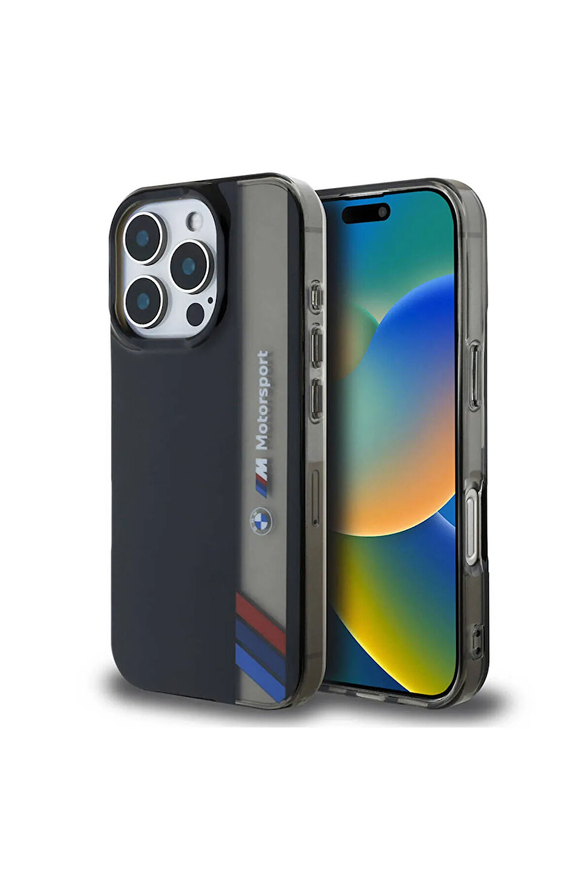 iPhone 16 Pro Uyumlu Kılıf BMW Lisanslı M Logolu Üç Renk Çizgili Motorsport Vertical Stripe Siyah