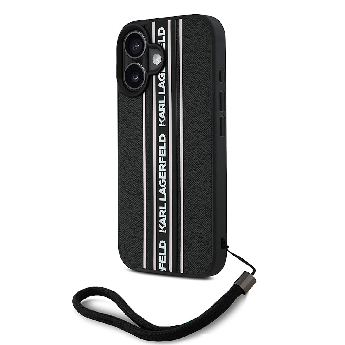 iPhone 16 Kılıf Karl Lagerfeld Orjinal Lisanslı Askılı Saffiano Athleisure Şerit Çizgi Siyah - Pembe