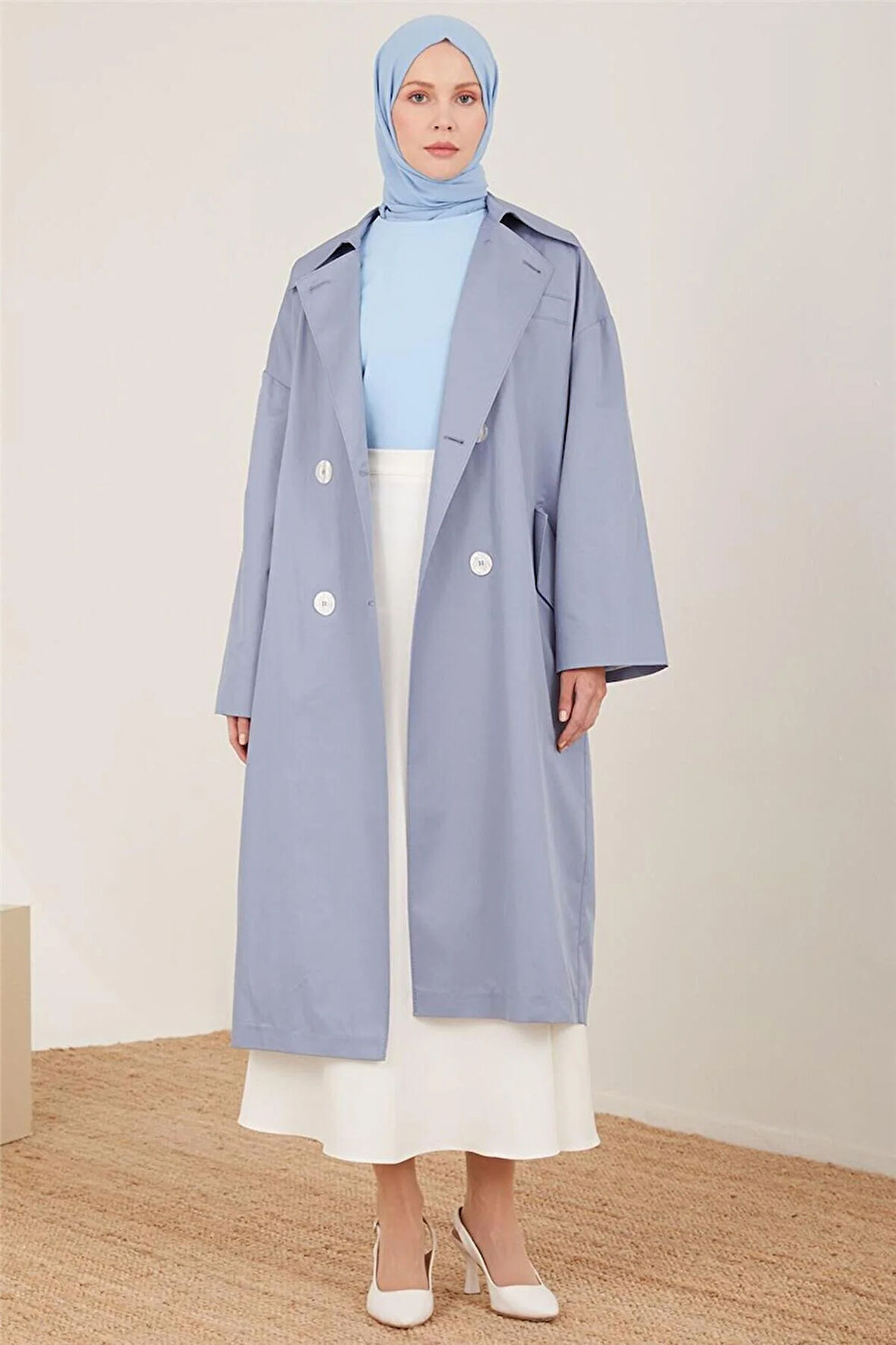 Yarım Astarlı Pamuk Oversize Trençkot-Gri-Mavi | 1