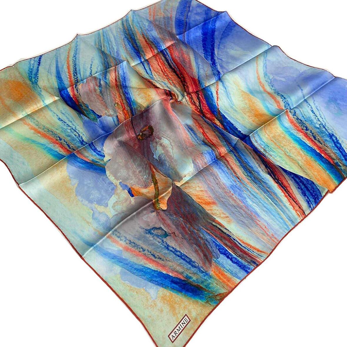 Armine Mavi-Kırmızı Batik Desen Tivil İpek Eşarp 9102-03