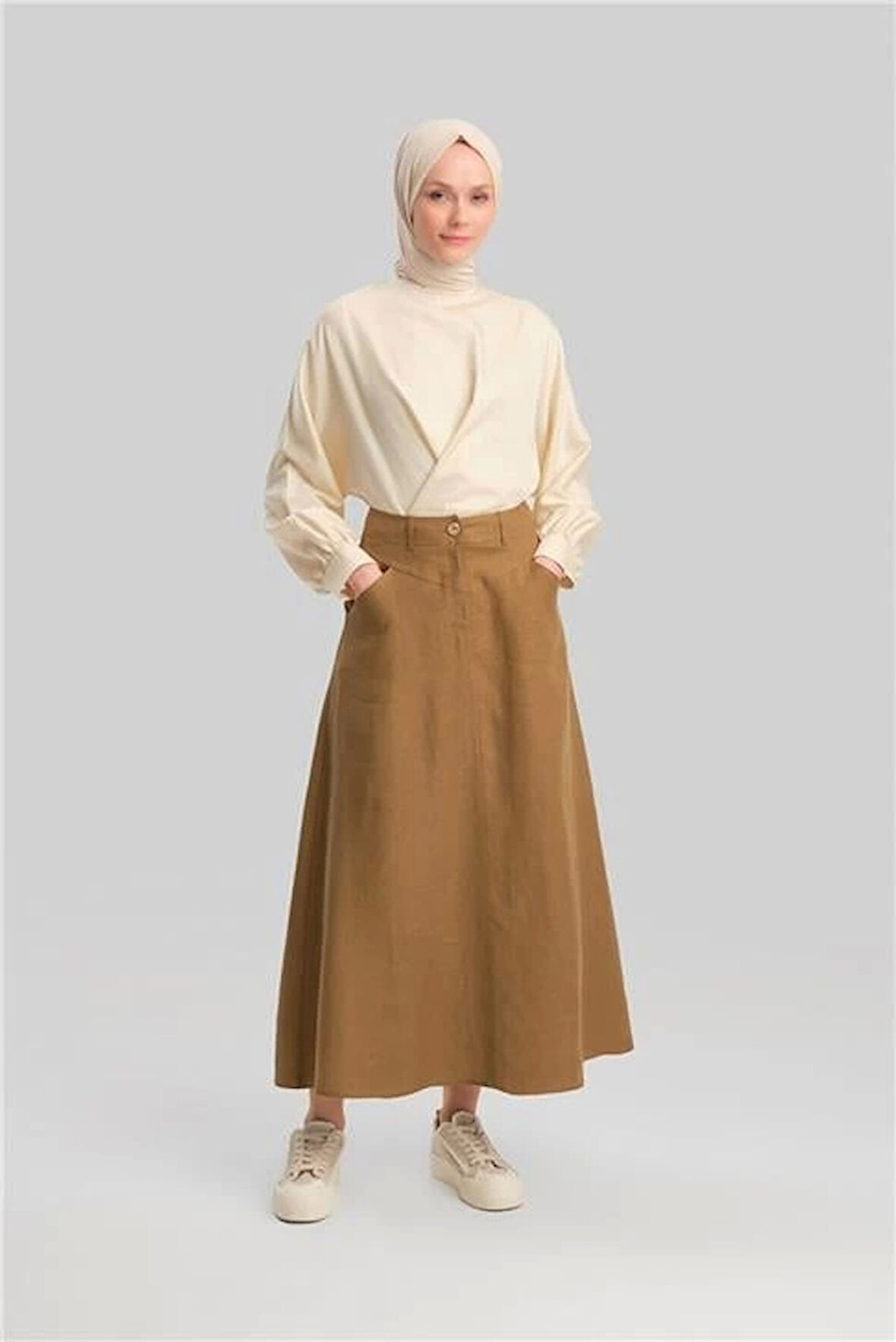 Armine Cep Detaylı Keten Etek 24Y1634 Camel