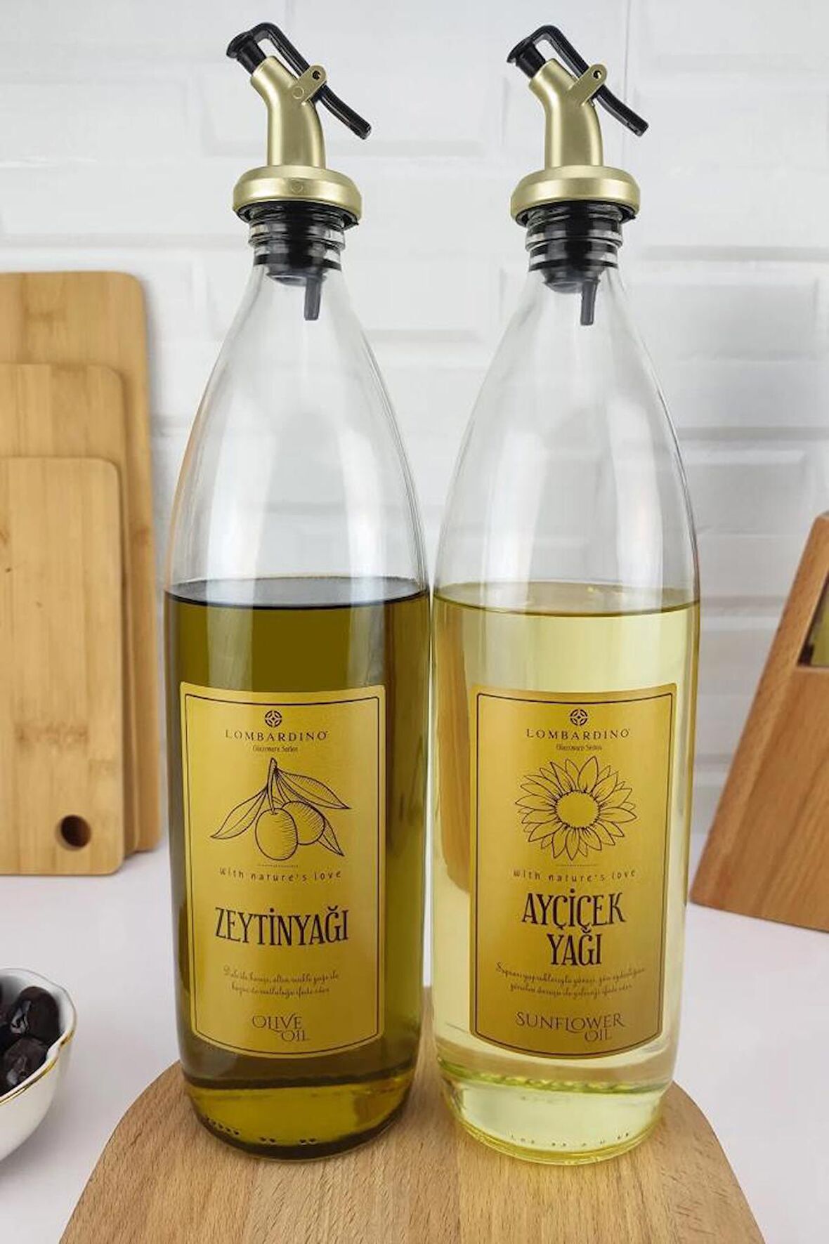 Lombardino Vetro 2'li Zeytinyağı Sıvıyağ Şişesi Gold Etiket Gold Tıpalı Yağdanlık 1000 ml C320.016
