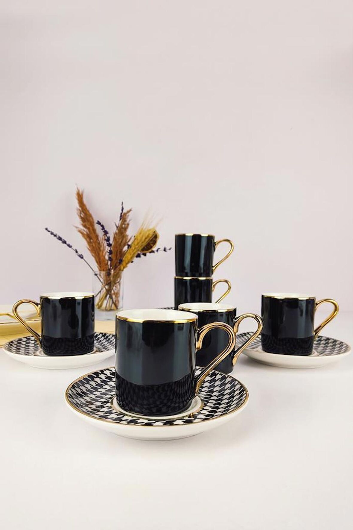 Digithome Kosova Porselen 6’lı Kahve Fincan Takımı Siyah Beyaz - KGP-093