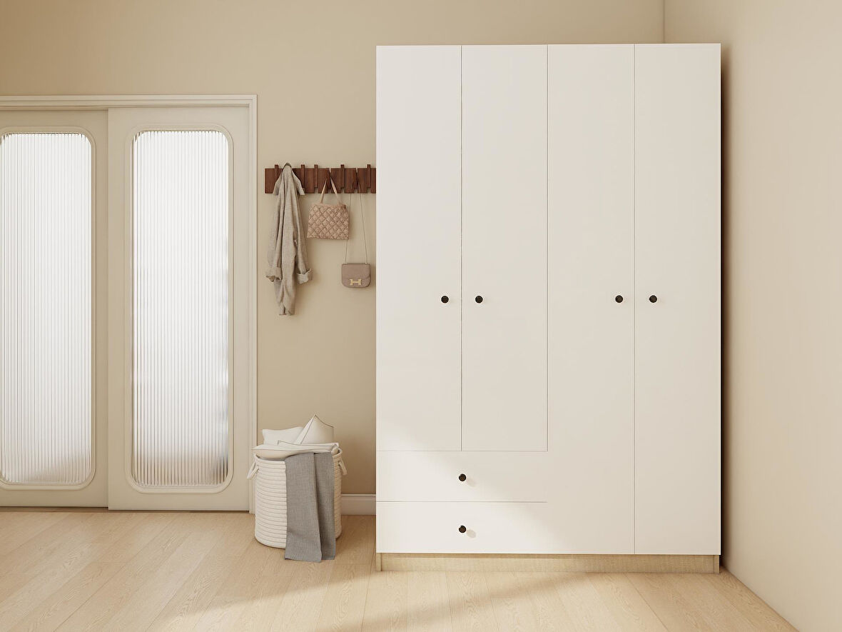 4 Kapaklı 2 Çekmeceli Gardırop Kotonvizon-Beyaz