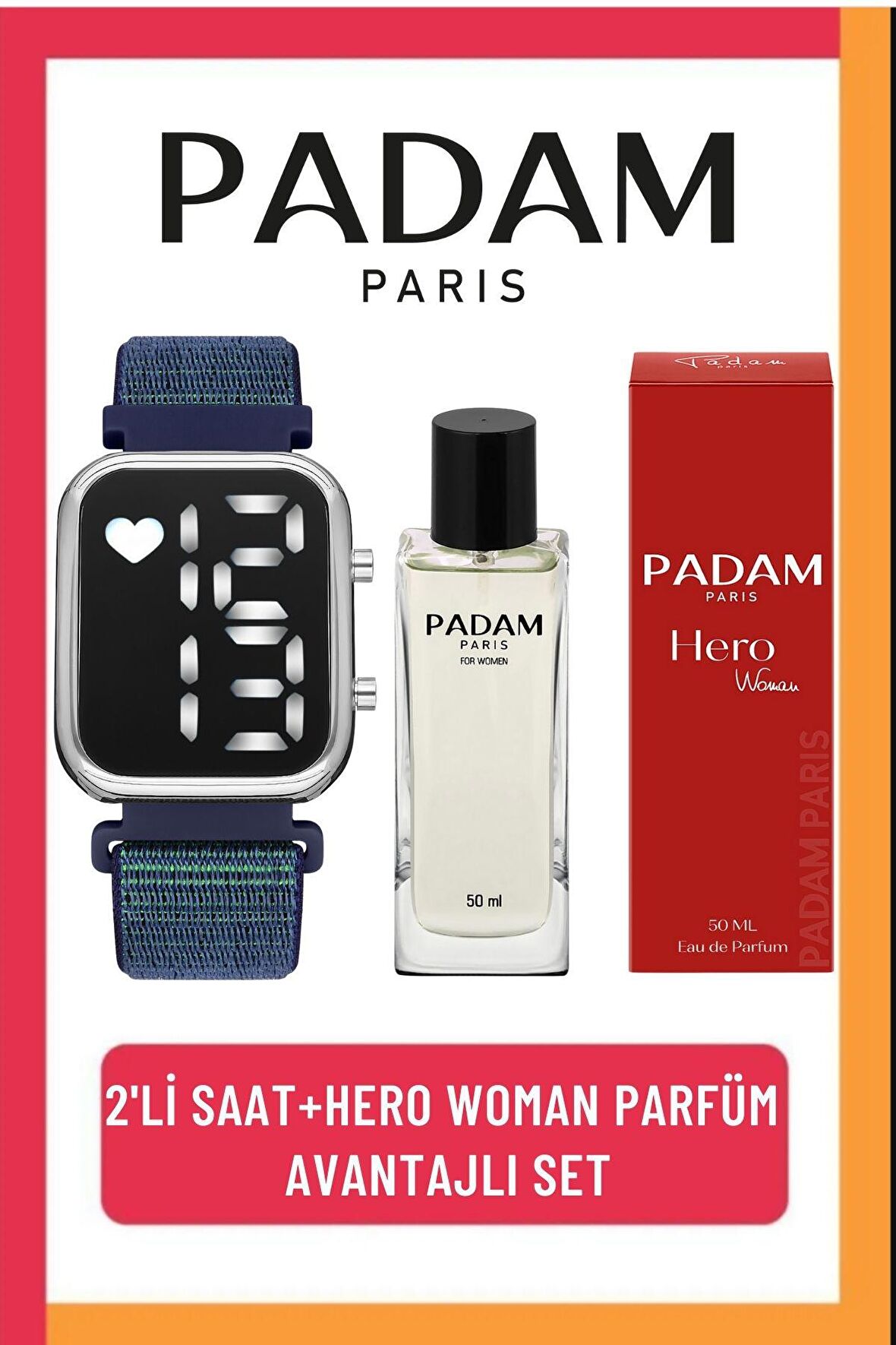 Padam Paris 2'li Hero Woman Kadın Parfüm ve Çırtçıtlı Kordon Kol Saati Seti(Hediye) PDMPRFBS08