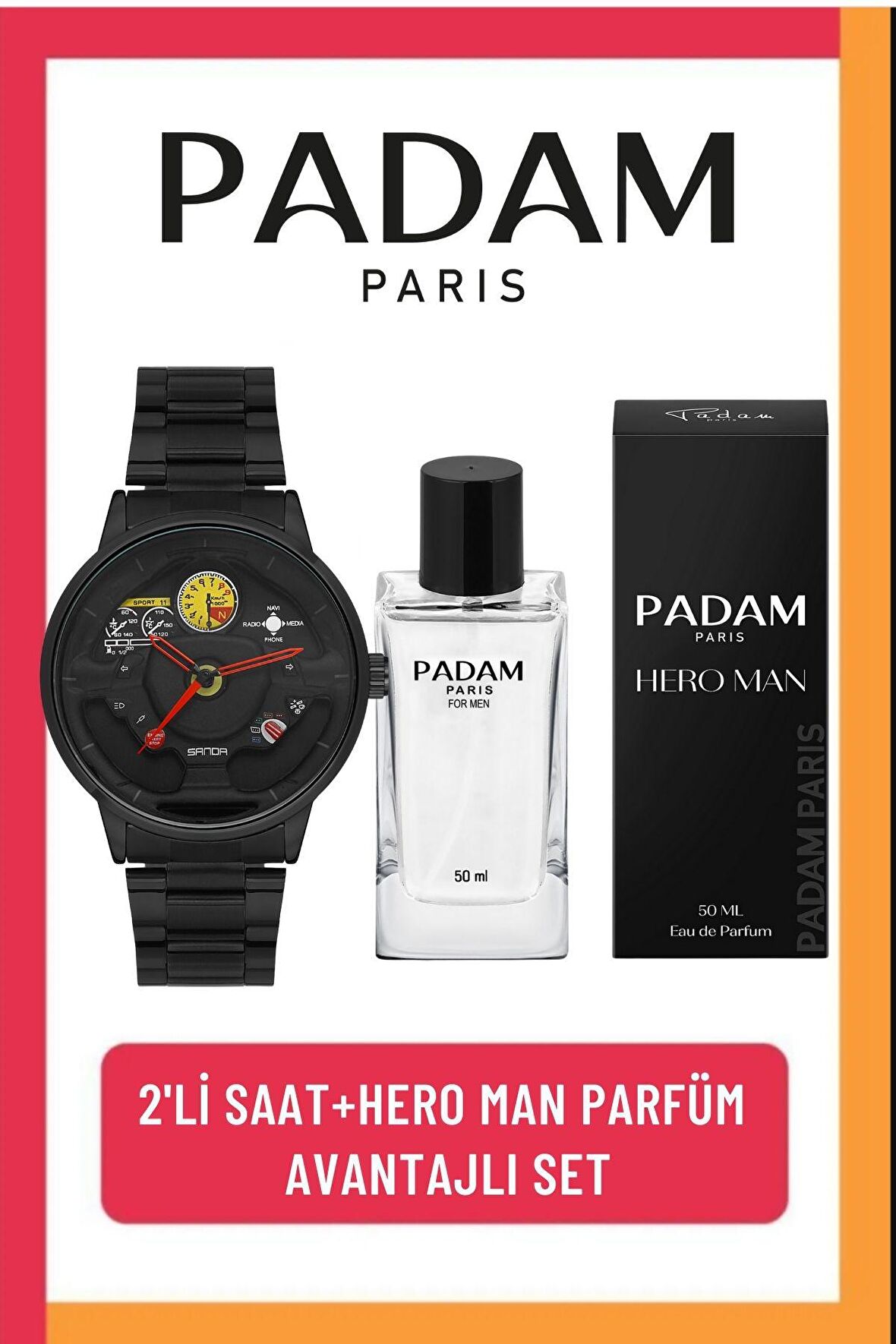 Padam Paris 2'li Hero Man Erkek Parfüm ve Oto Tasarım Kol Saati Seti(Hediye Fırsat)PDMPRFBS12