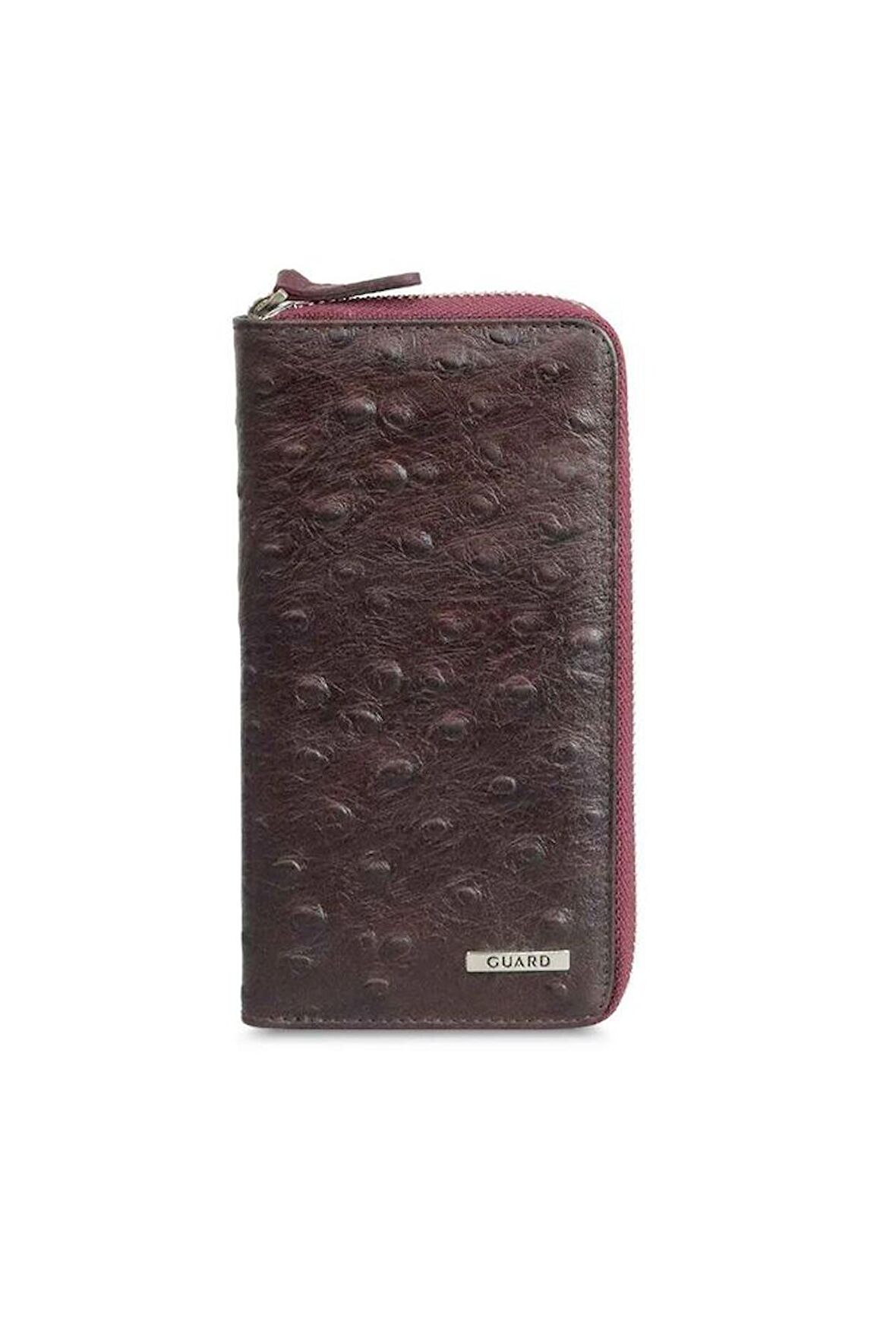 Guard Bordo Deve Kuşu Baskı Fermuarlı Portföy Hakiki Deri Cüzdan Erkek / Kadın P3016