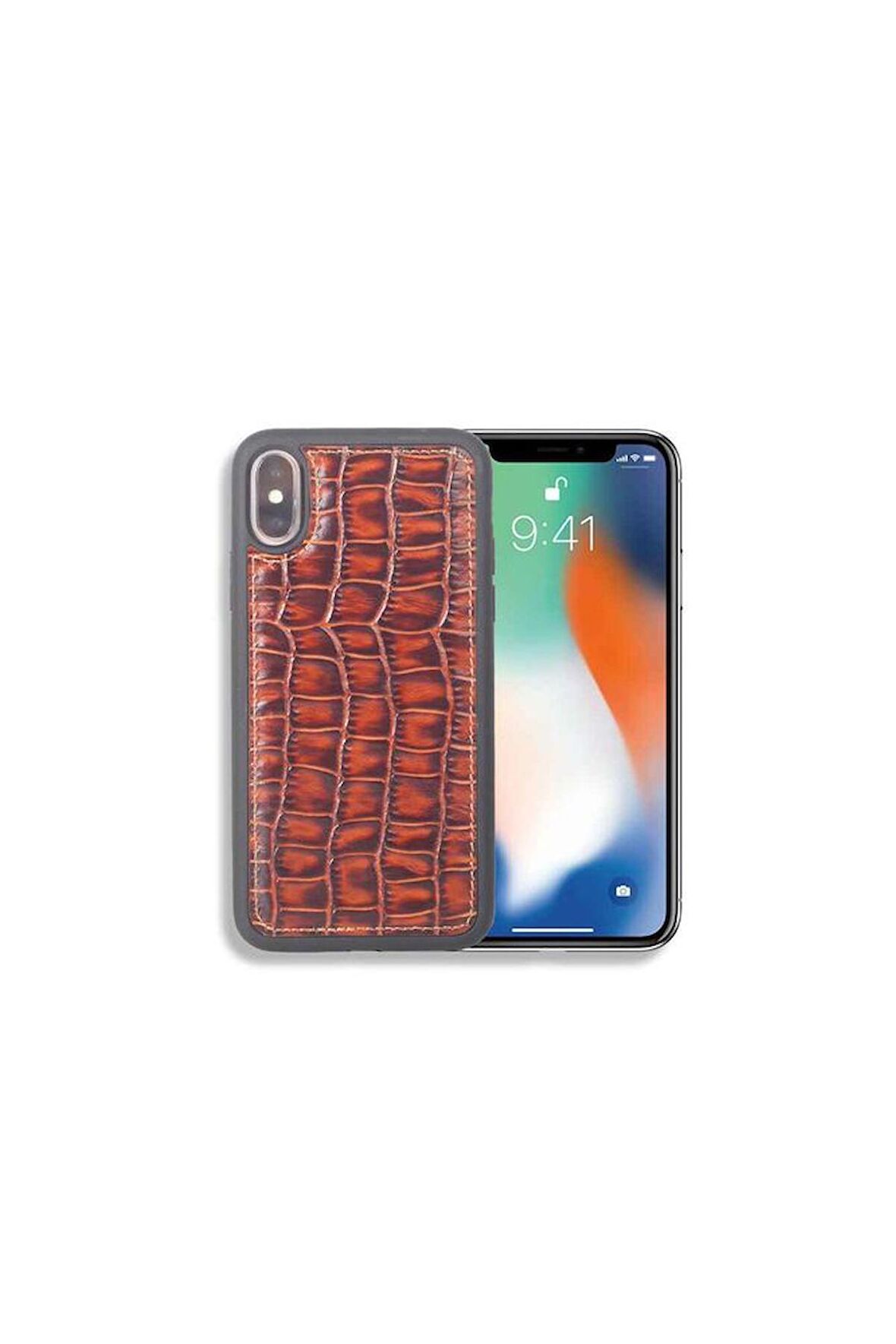 Guard Kahve Büyük Croco Desenli Hakiki Deri iPhone X / XS Kılıfı P1426