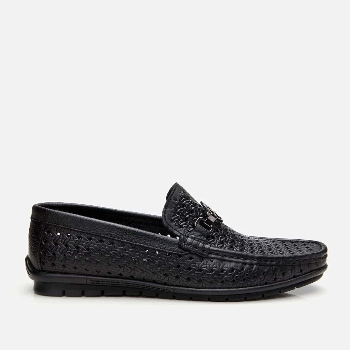 Erkek Deri Siyah Delikli Toka Detaylı Loafer