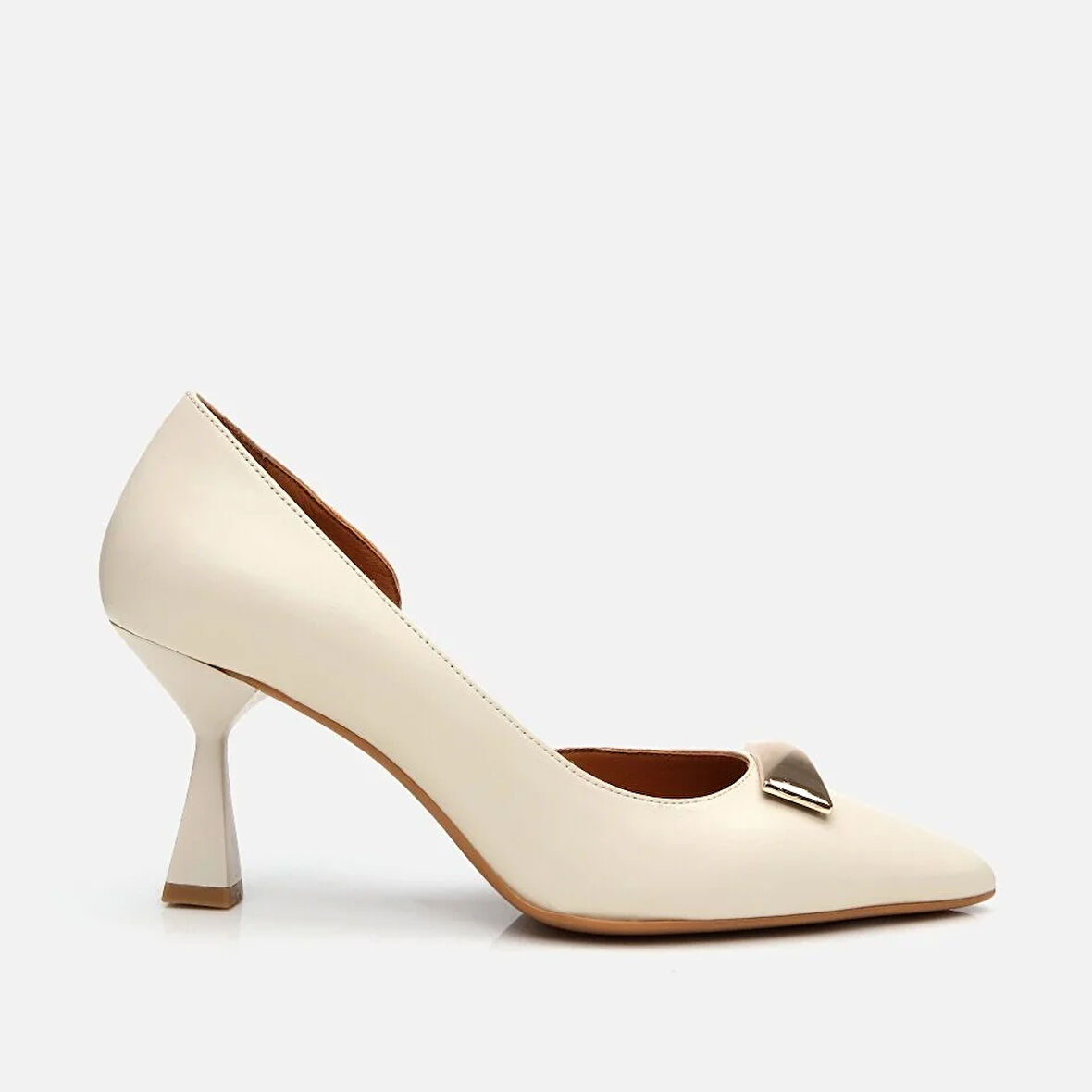 Kadın Deri Ekru Orta Topuklu Stiletto
