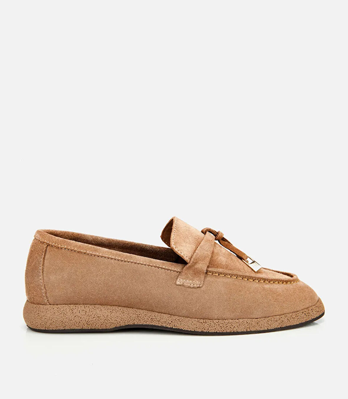 Kadın Süet Deri Vizon Gold Aksesuarlı Klasik Loafer