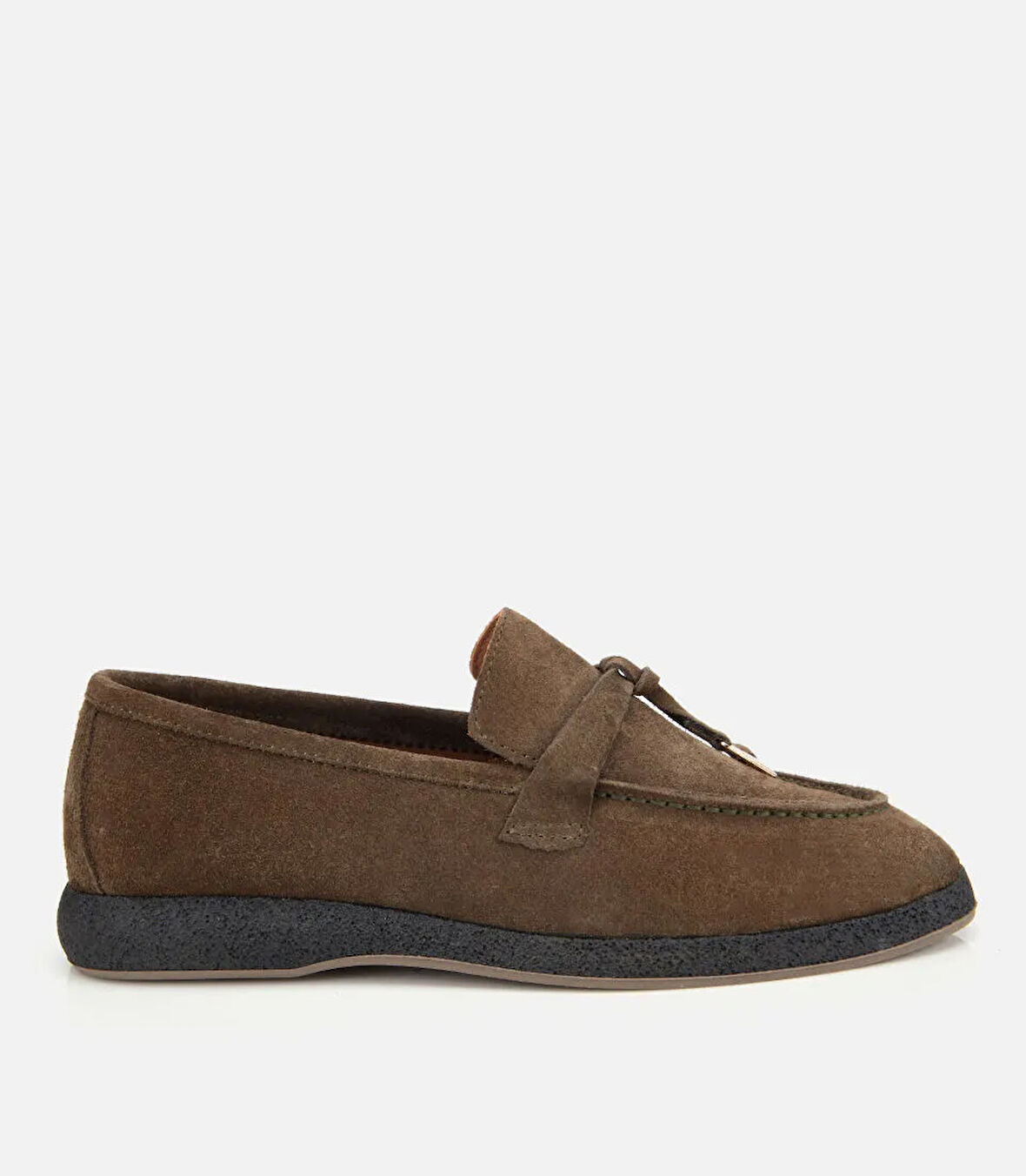 Kadın Süet Deri Haki Gold Aksesuarlı Klasik Loafer