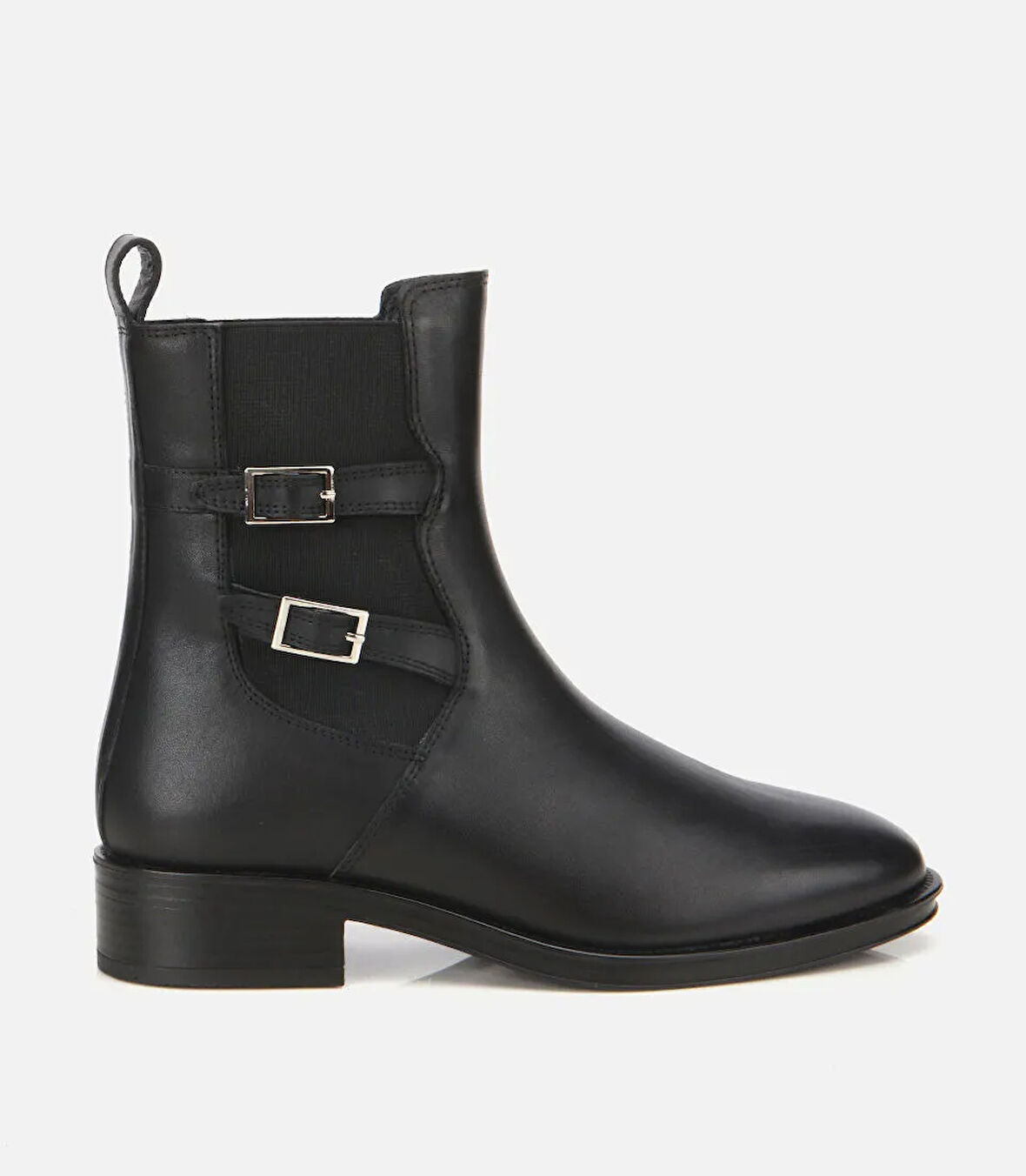 Kadın Deri Siyah Tokalı Lastik Detaylı Düz Bot