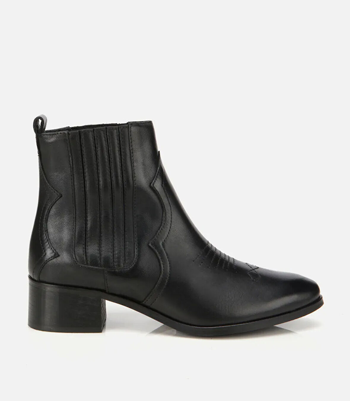 Kadın Deri Siyah İşlemeli Western Düz Bot