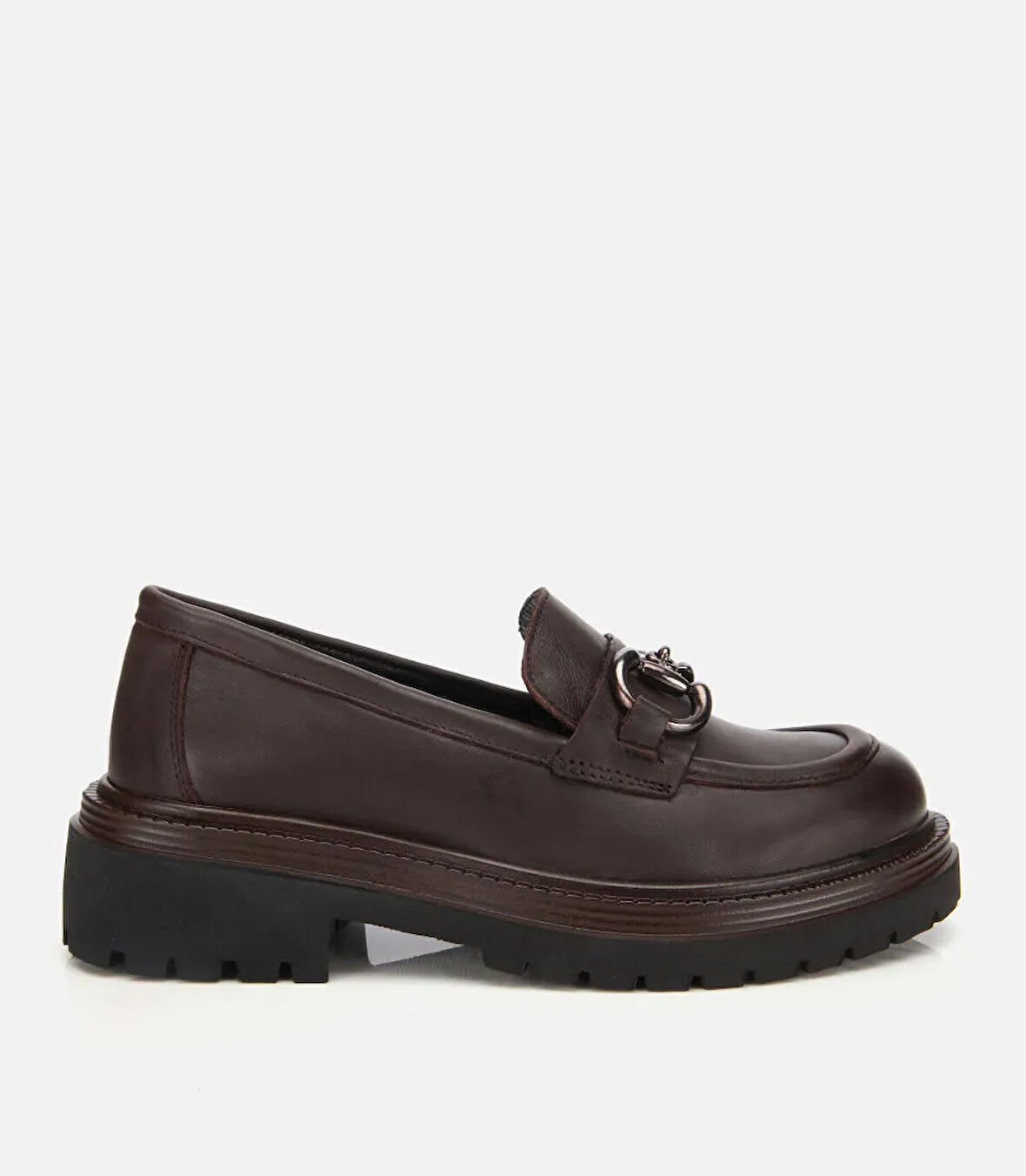 Kadın Deri Kahverengi Tokalı Yüksek Tabanlı Klasik Loafer