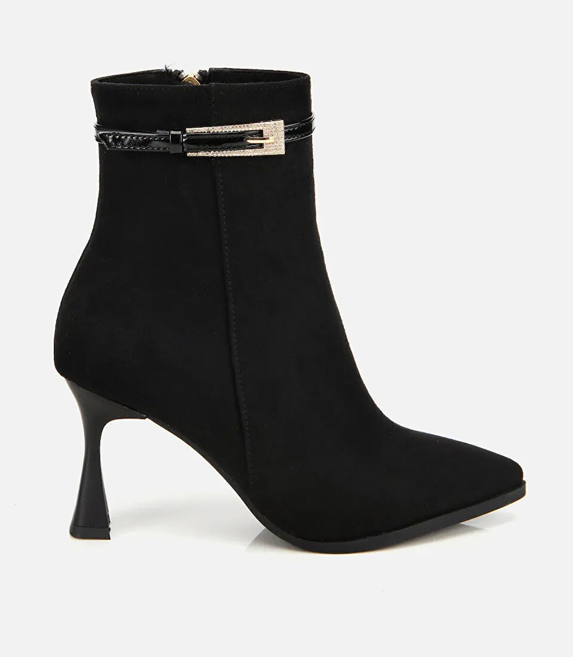 Kadın Süet Siyah Taşlı Tokalı Bilekte Topuklu Bot