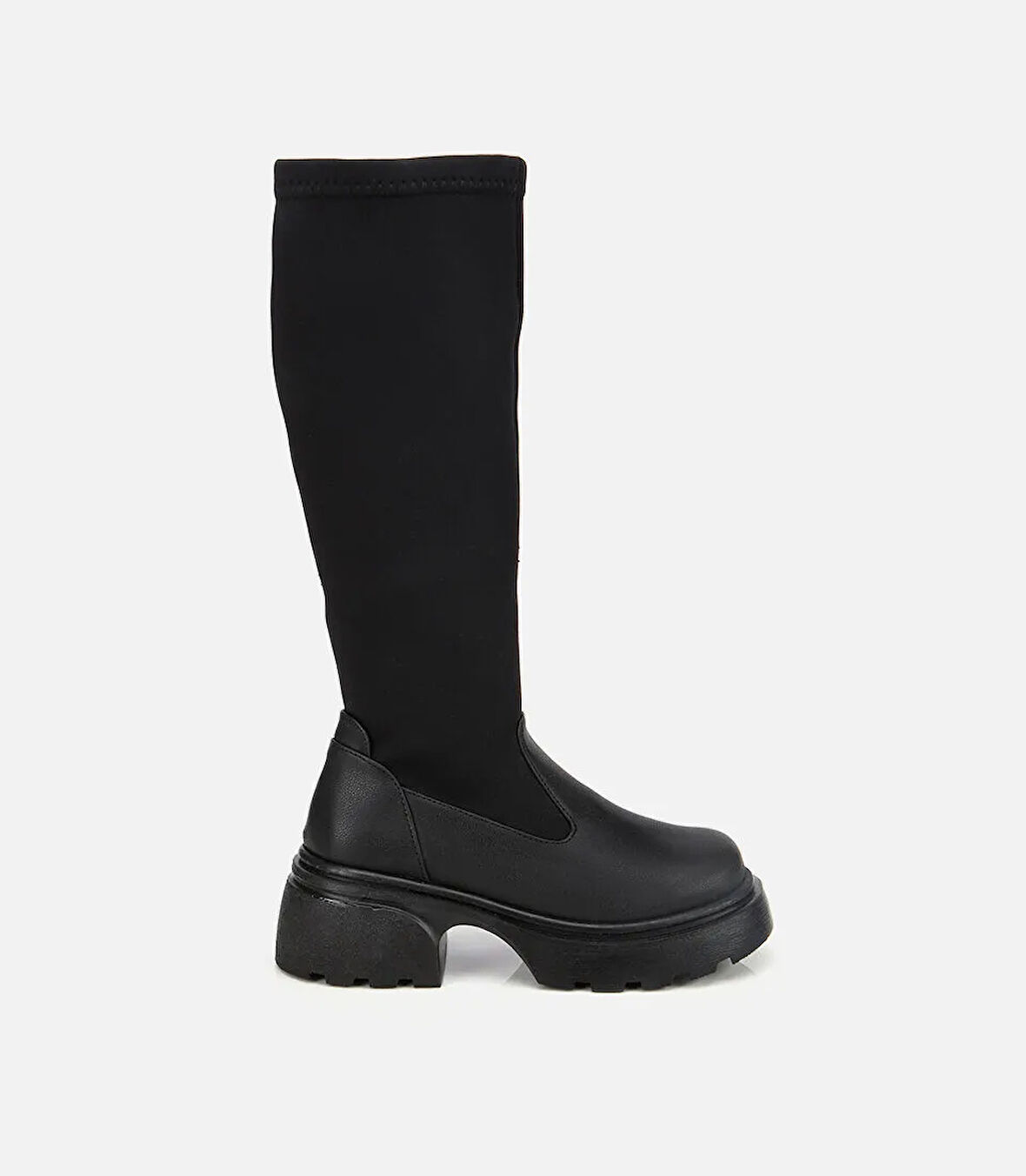 Kadın Siyah Streç Kalın Tabanlı Düz Çizme
