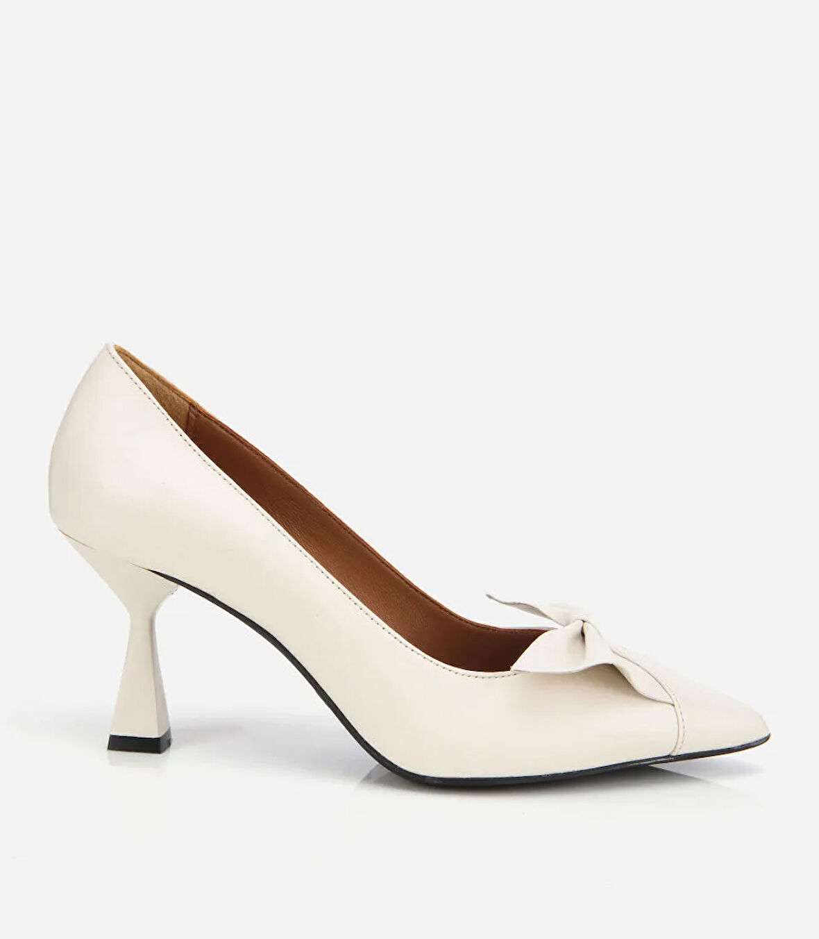 Kadın Deri Ekru Fiyonk Detaylı İnce Topuklu Stiletto