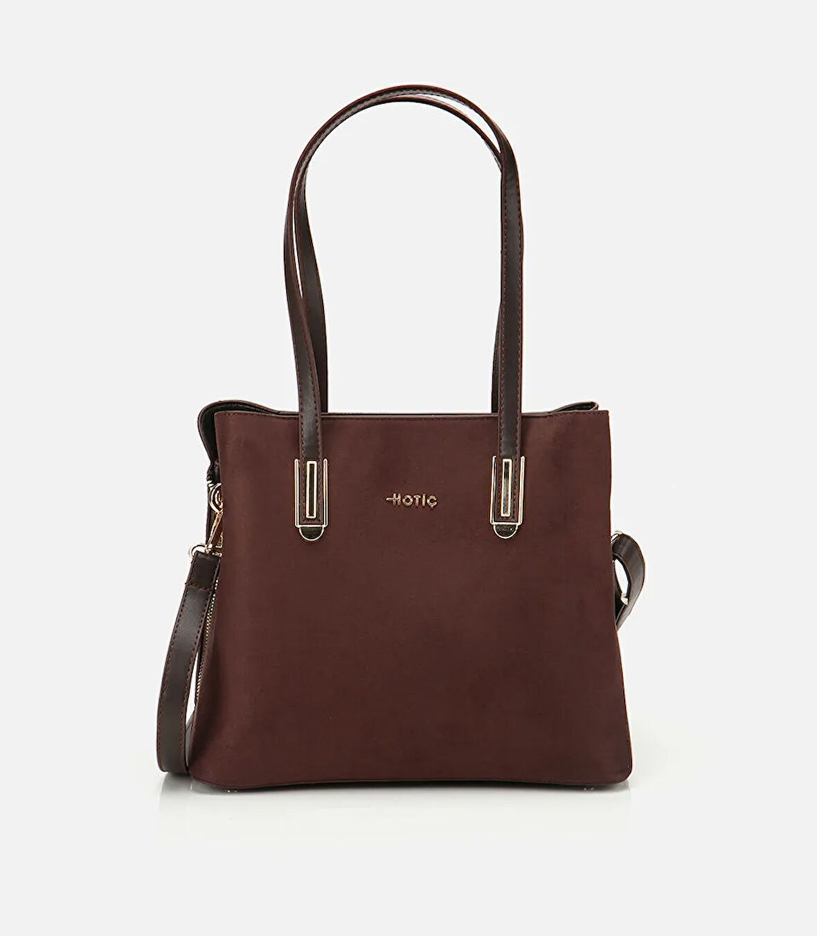 Kadın Süet Kahverengi Gold Aksesuarlı Omuz Çantası