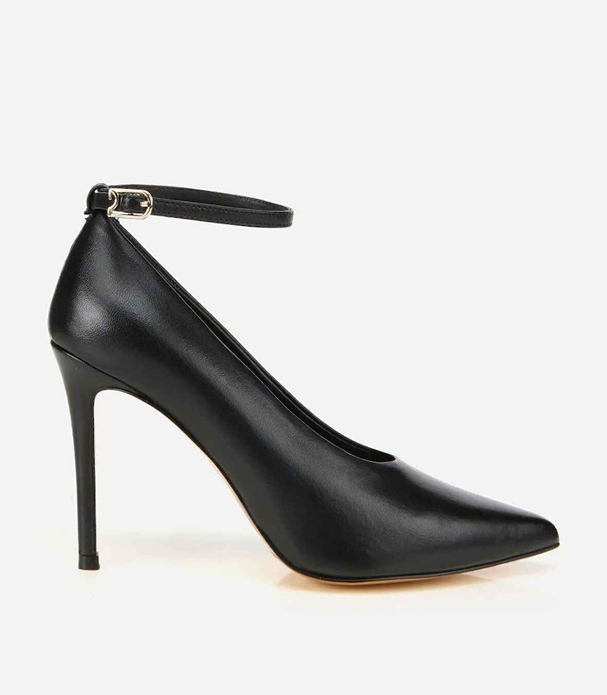 Kadın Deri Siyah Bilekten Bağlamalı Gold Detaylı Yüksek Topuklu Stiletto