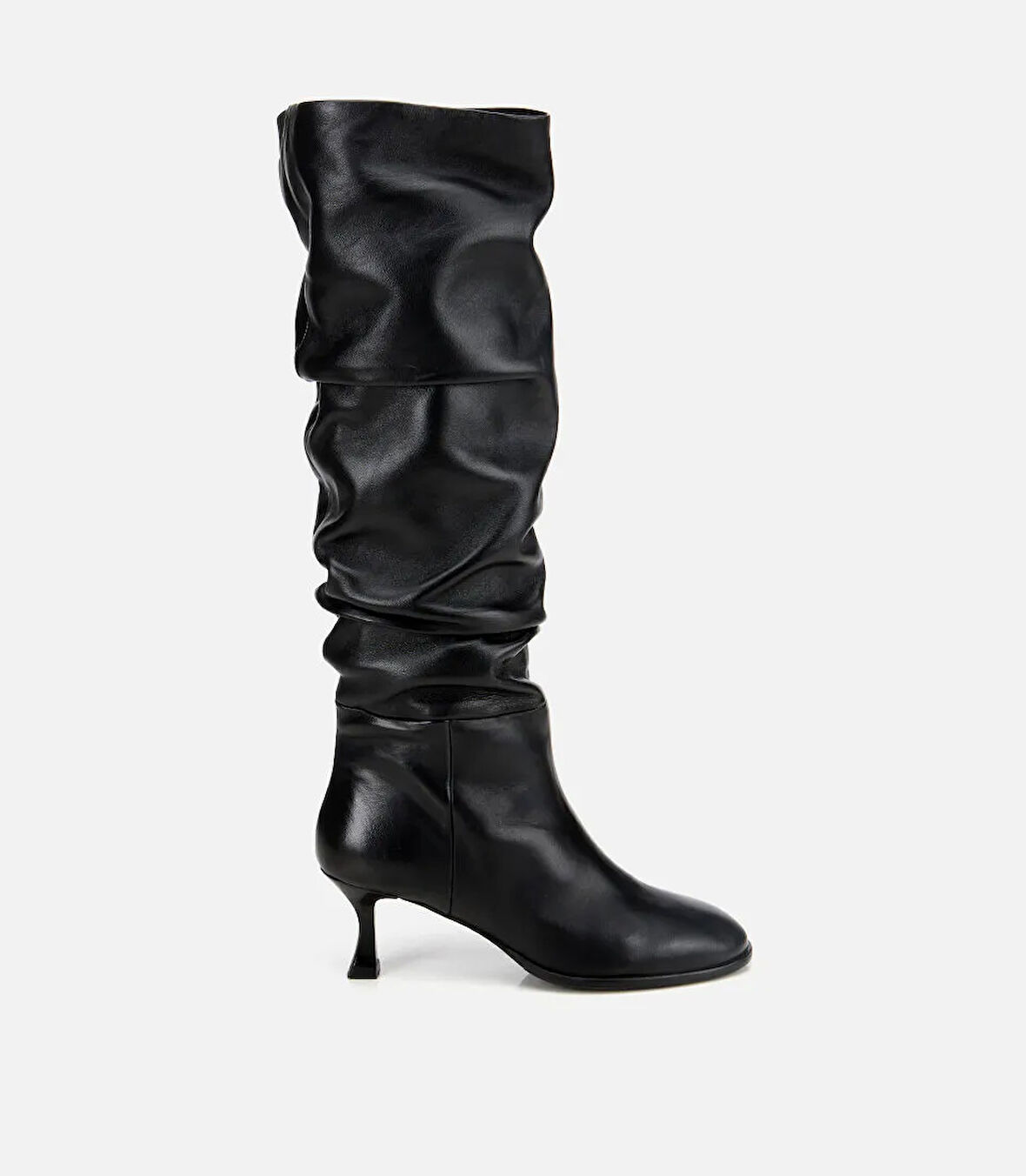 Kadın Deri Siyah Kırışık İnce Topuklu Çizme