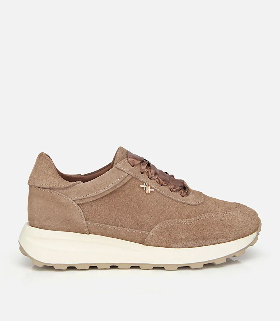 Kadın Süet Deri Bej Bağcık Detaylı Yüksek Tabanlı Spor Ayakkabı