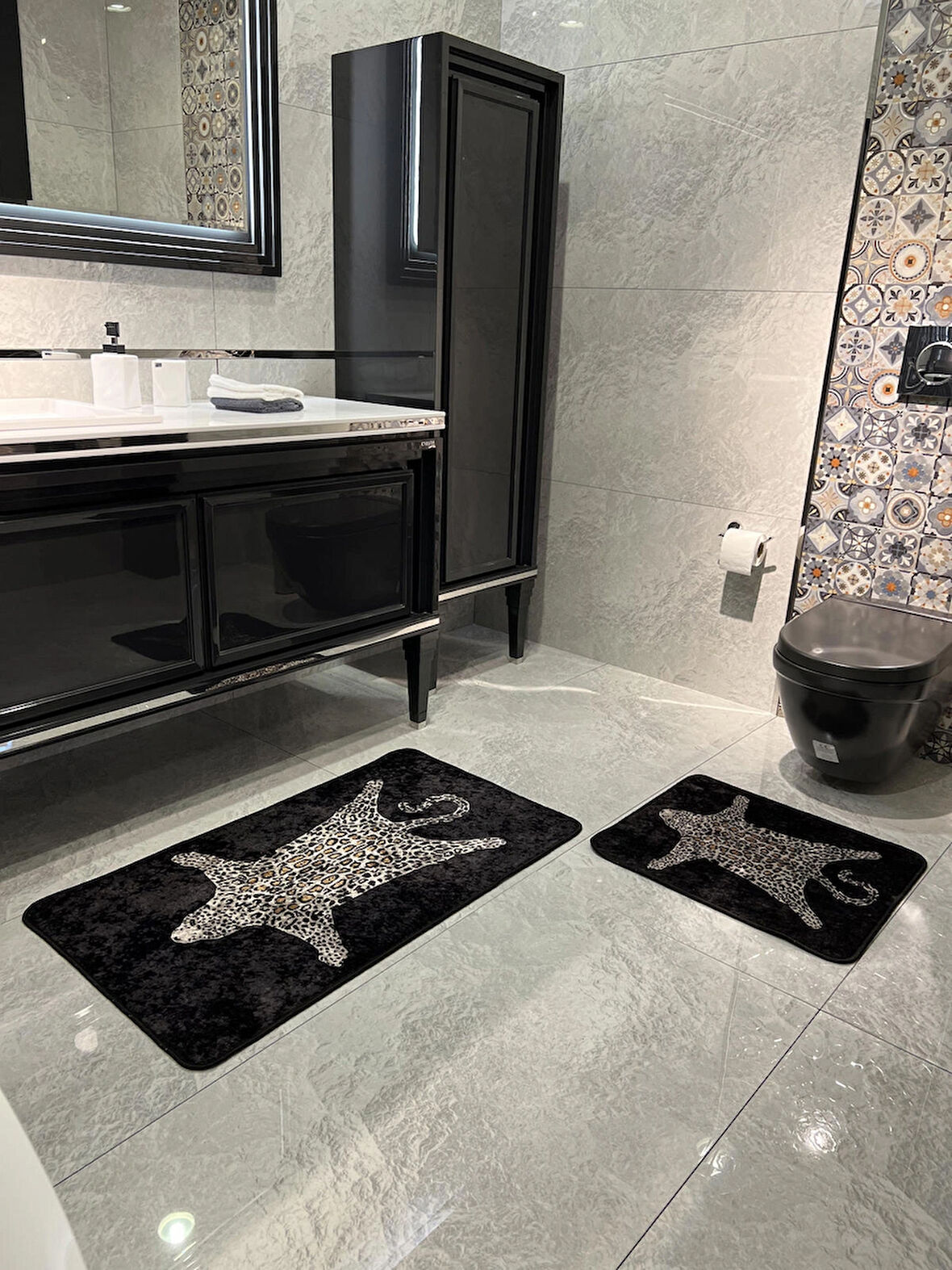 2'li Leopar Desen 60x100 - 60x50 Banyo Paspası - Siyah