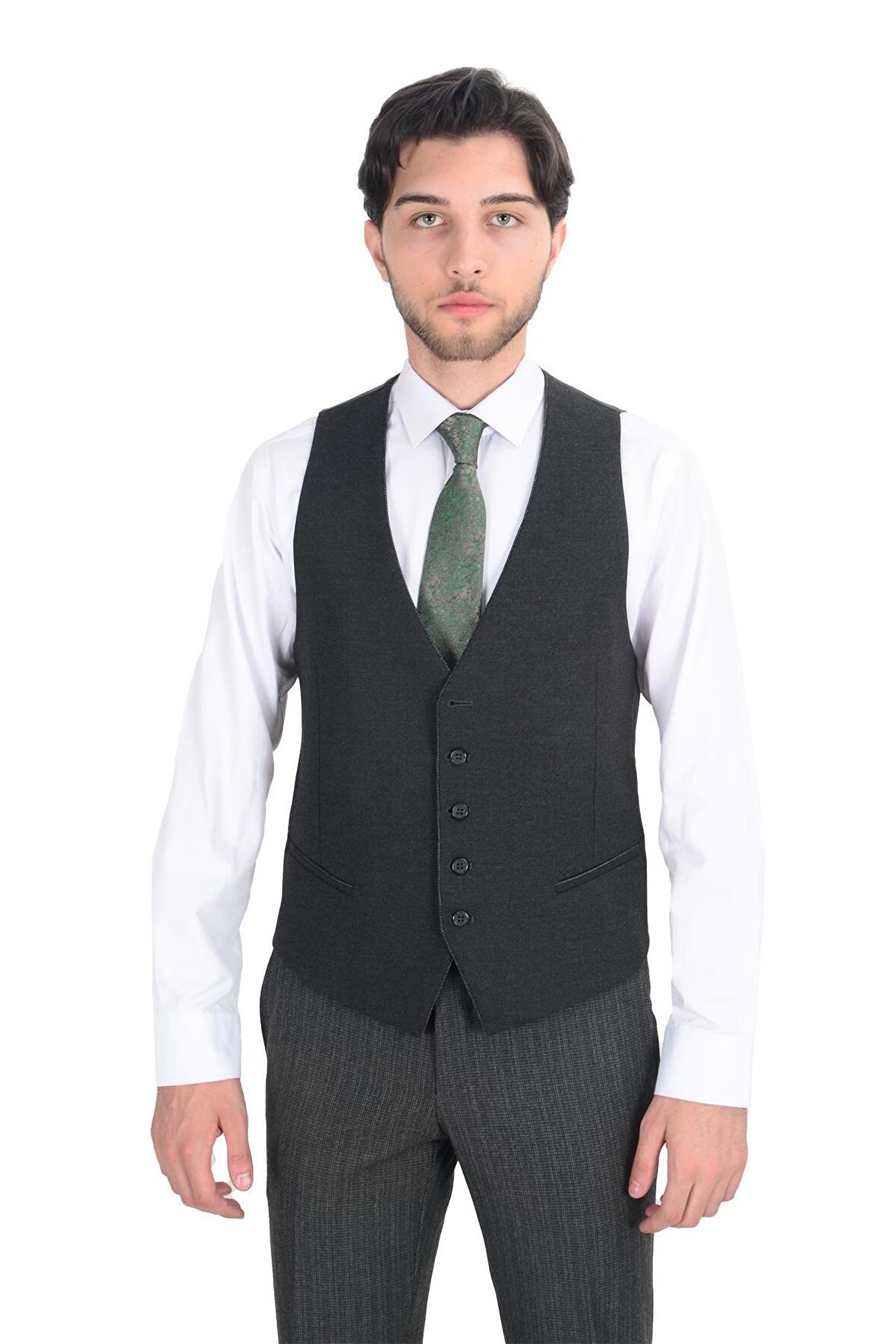 Cengiz İnler Desenli Kırlangıç Yaka Yelekli Erkek Takım Elbise