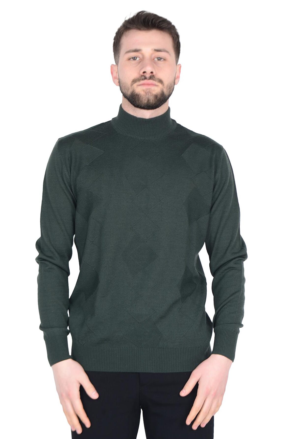 Cengiz İnler Yarım Balıkçı Yaka Karo Desen Yünlü Erkek Triko Kazak