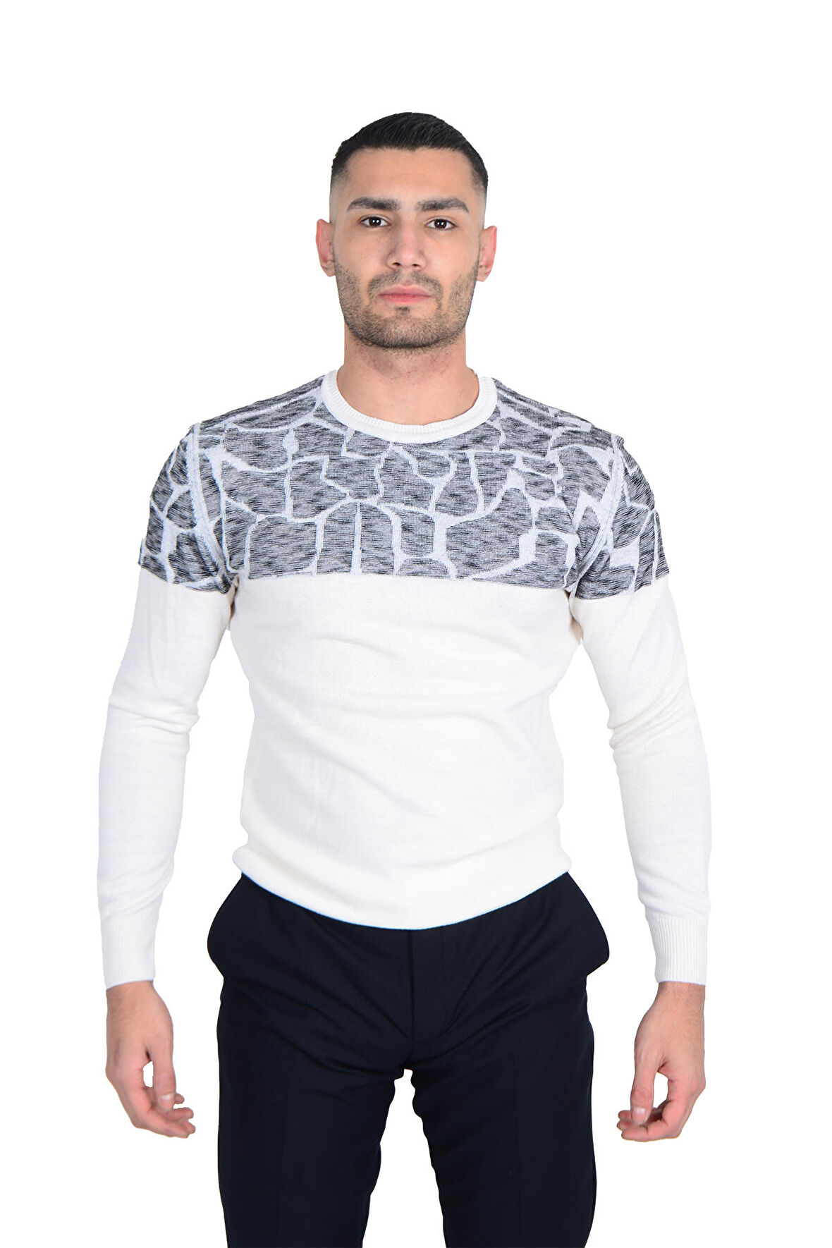 Cengiz İnler Bisiklet Yaka Desenli Yünlü Erkek Triko Kazak