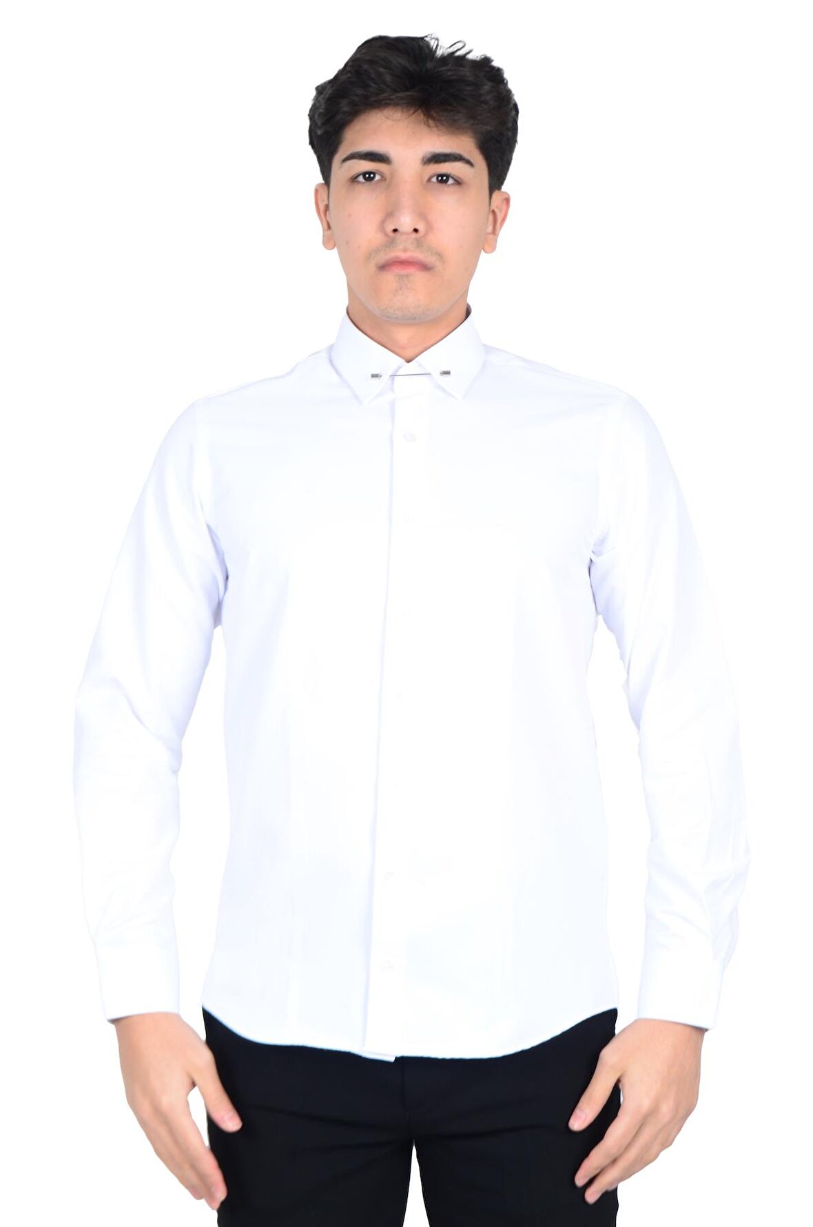 Cengiz İnler Yaka İğneli Slim Fit Erkek Pamuk Gömlek