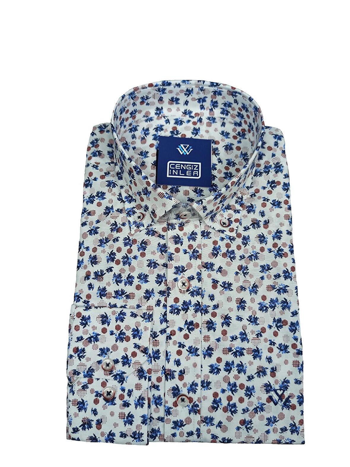 Standart Yaka Puantiye Çiçek Desen Gömlek Slim