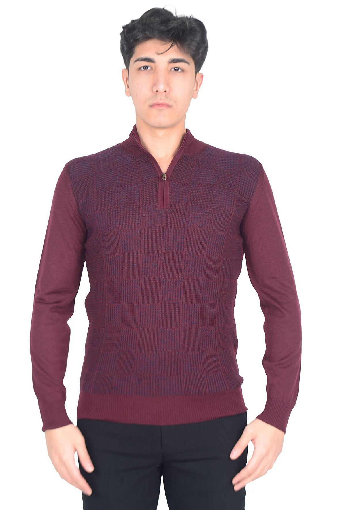 Cengiz İnler Yarım Balıkçı Yaka Fermuarlı Kare Desen Yünlü Erkek Triko Kazak