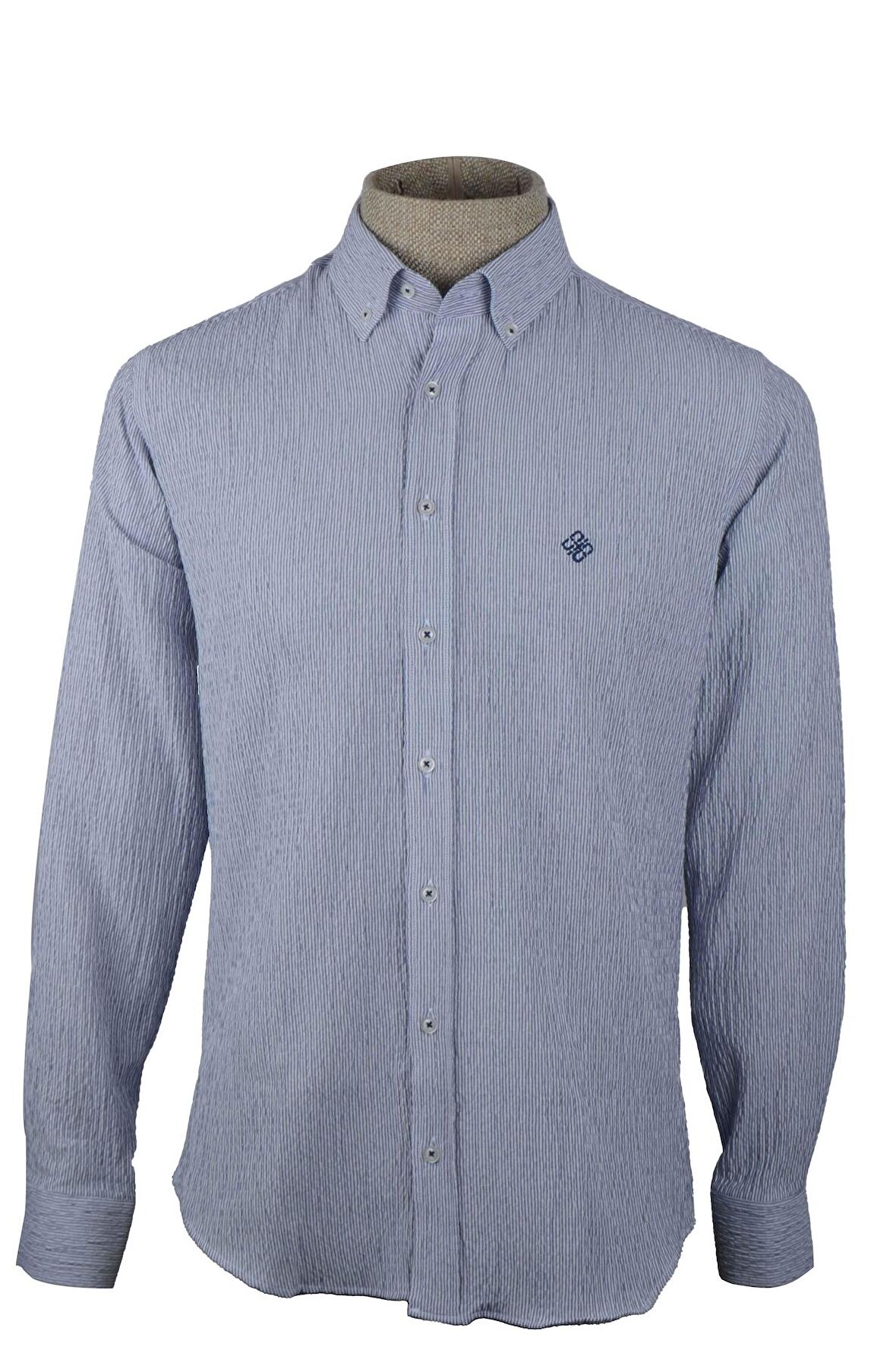 Slim Fit Çizgili Gofre Erkek Gömlek