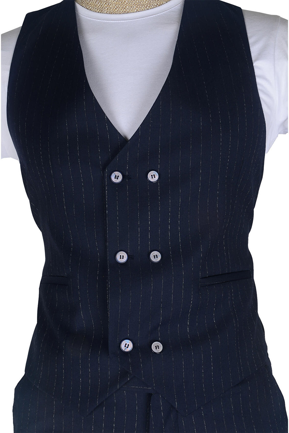 Cengiz İnler İnce Çizgili Yelekli  Erkek Takım Elbise