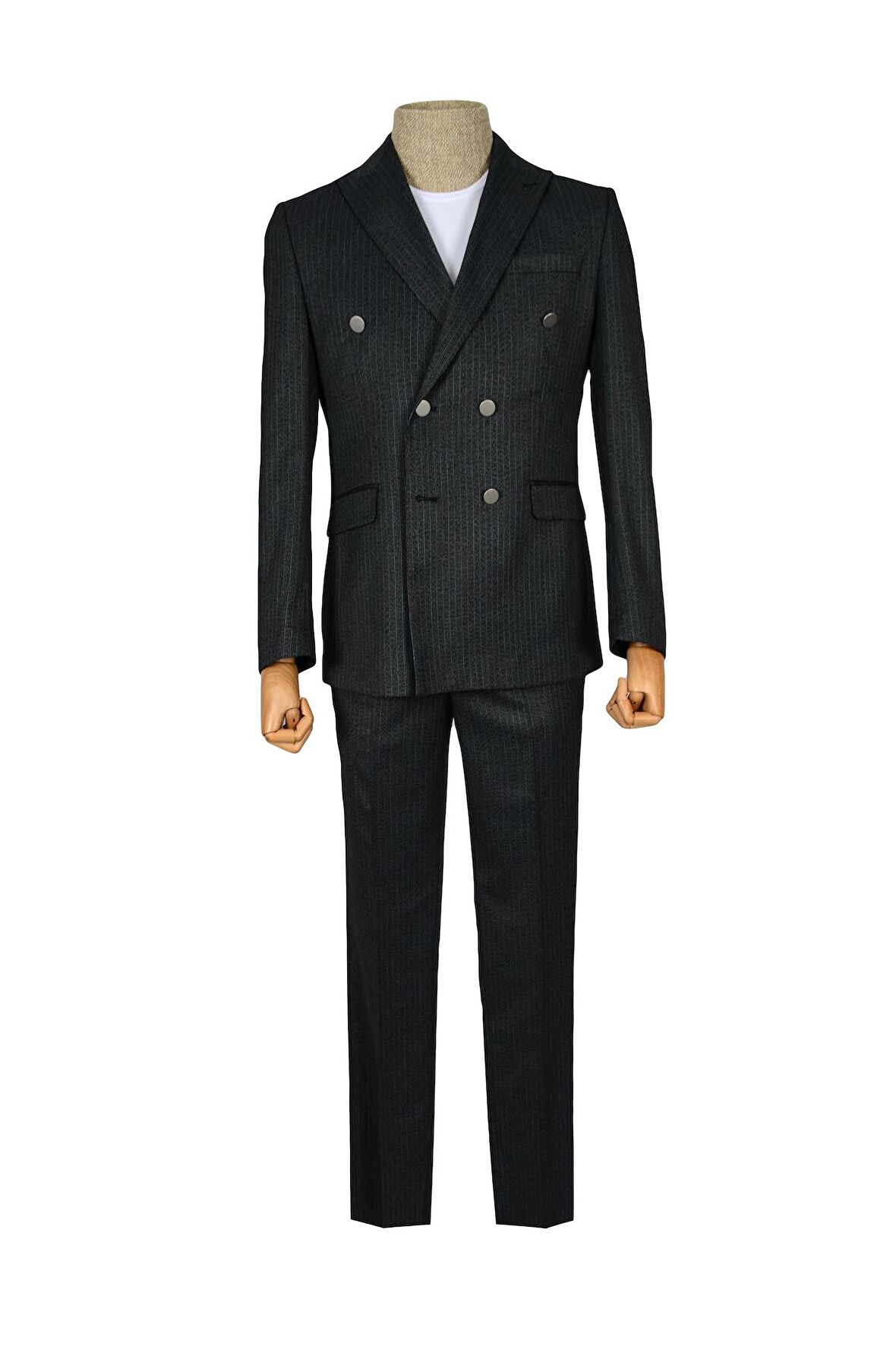 Cengiz İnler Armürlü Dik Çizgili Kruvaze Slim Fit Erkek Takım Elbise
