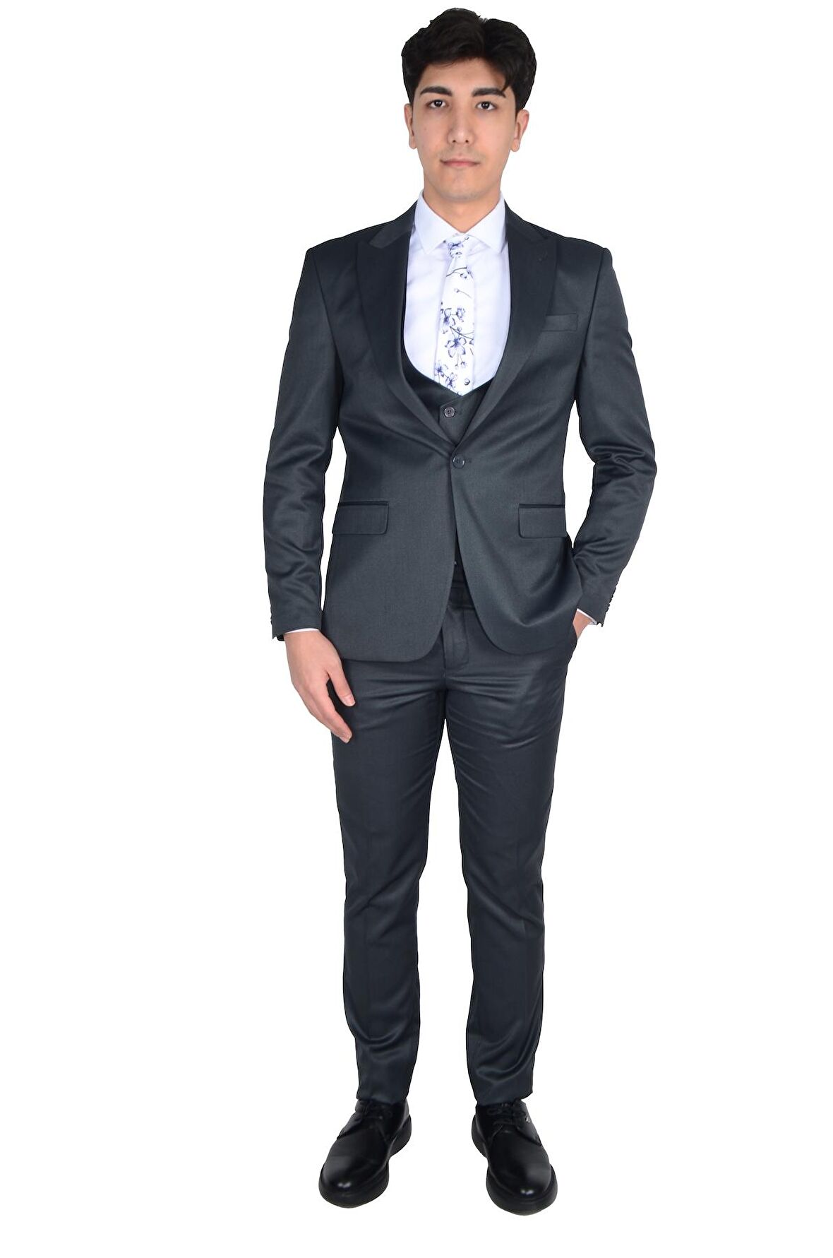 Cengiz İnler Armür Desen Kırlangıç Yaka Kruvaze Yelekli Erkek Takım Elbise