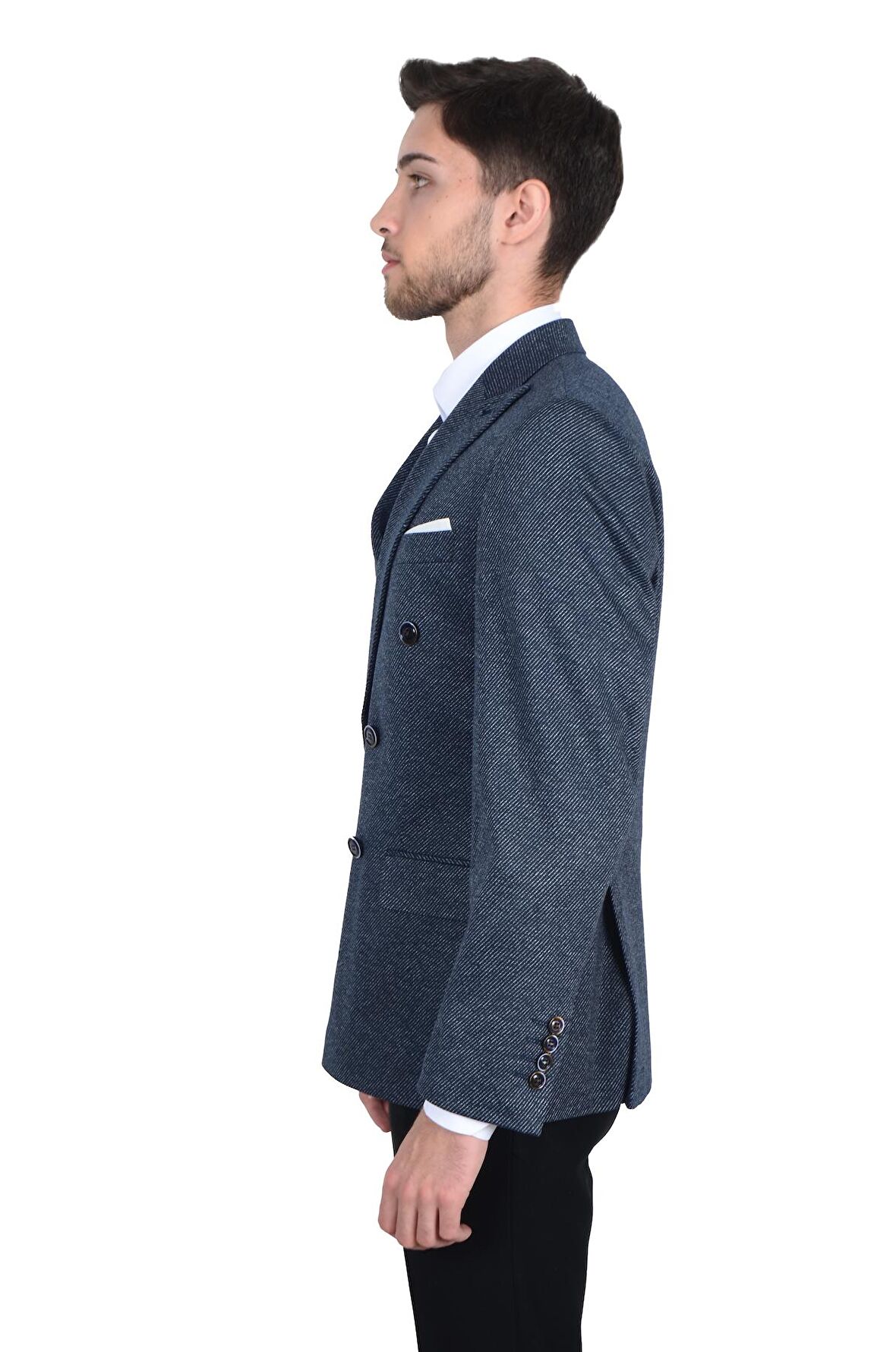 Cengiz İnler Kırlangıç Yaka Verev Desenli  Erkek Kruvaze Ceket