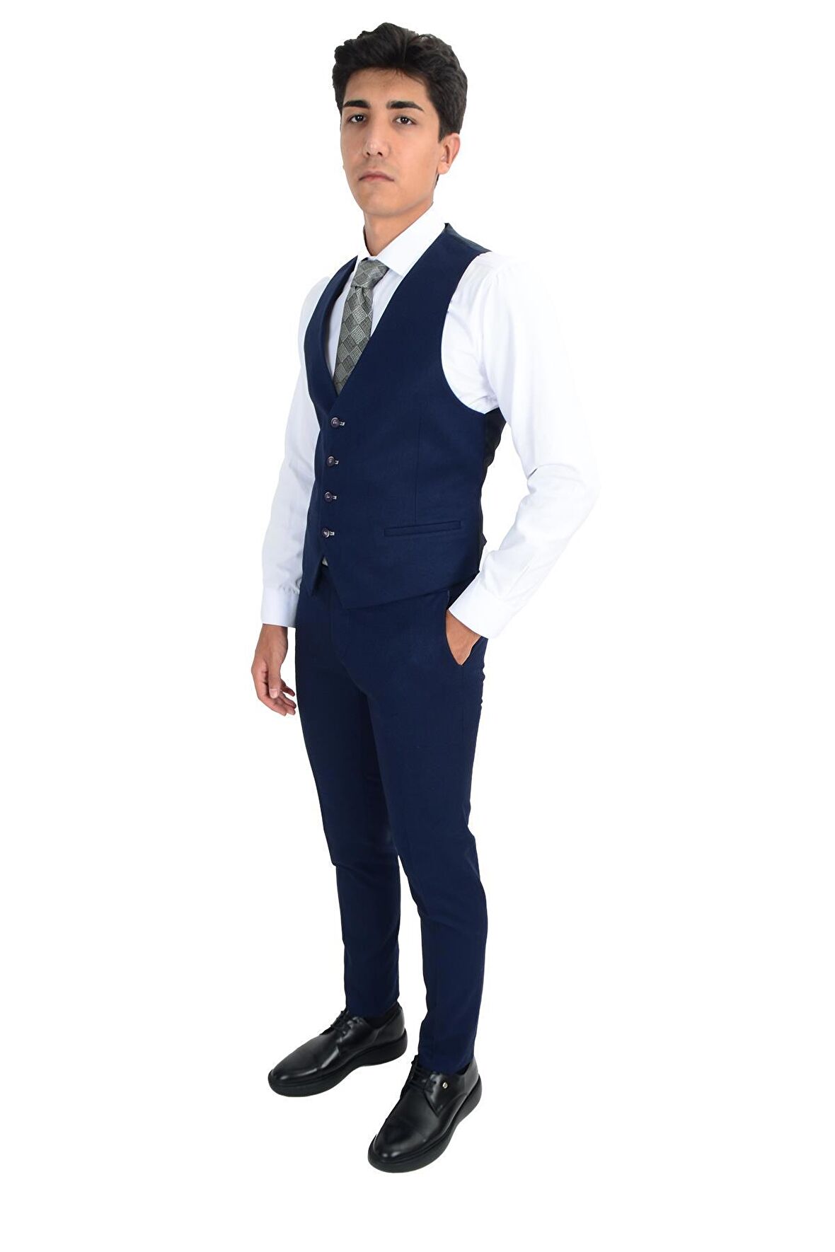 Cengiz İnler Ekose Desen Yelekli Erkek Takım Elbise 