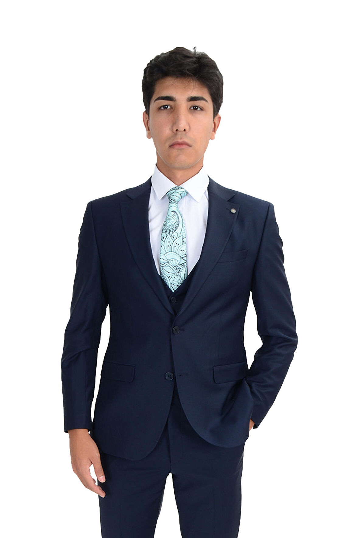 Cengiz İnler Düz Desen Kırlangıç Yaka Yelekli Yün Erkek Takım Elbise