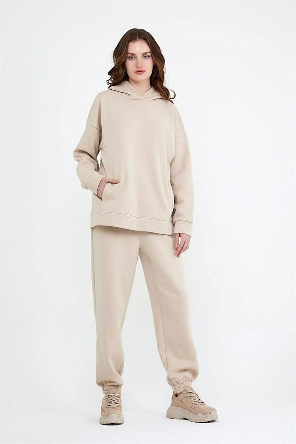 Kadın Beli Ve Paçası Lastikli Üç İplik Polarlı Oversize Eşofman Takımı