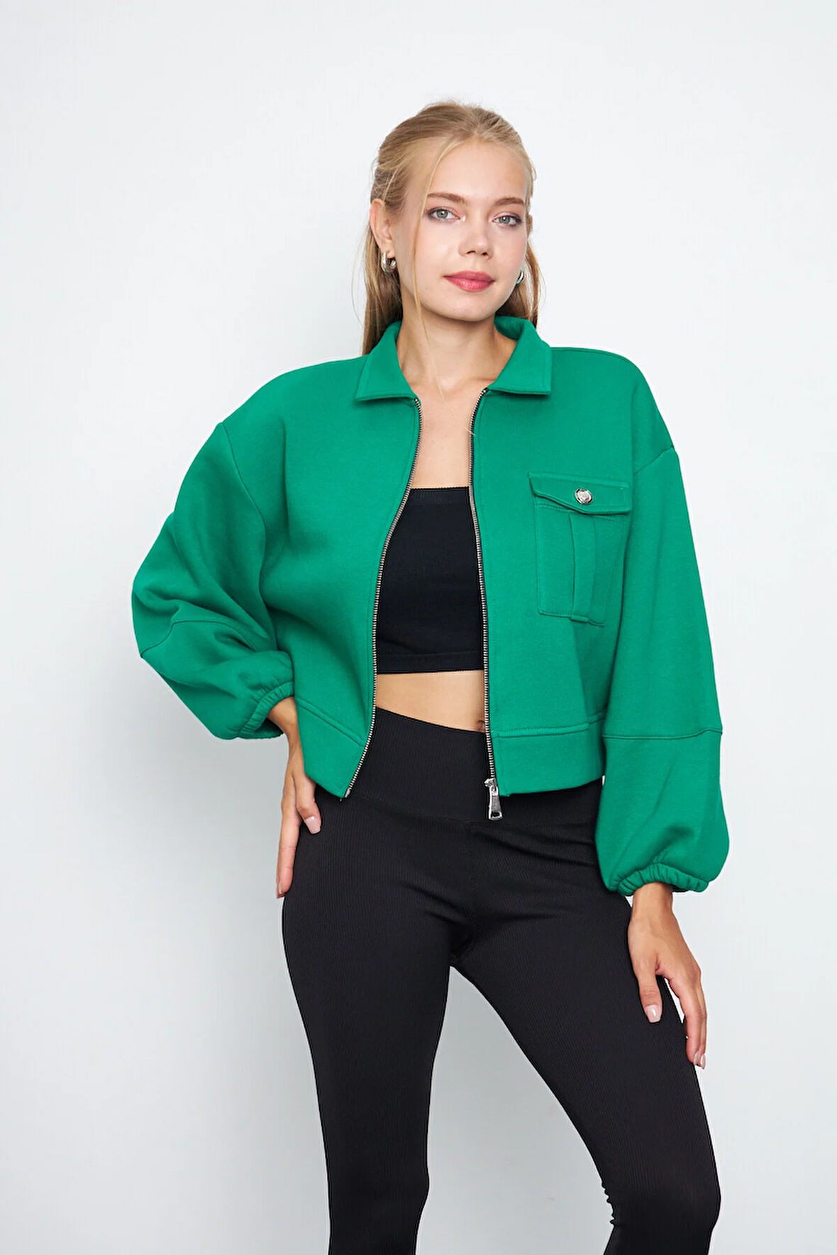 Kadın 3 İplik İçi Polarlı Balon Kol Cepli Fermuarlı Gömlek Yaka Ceket