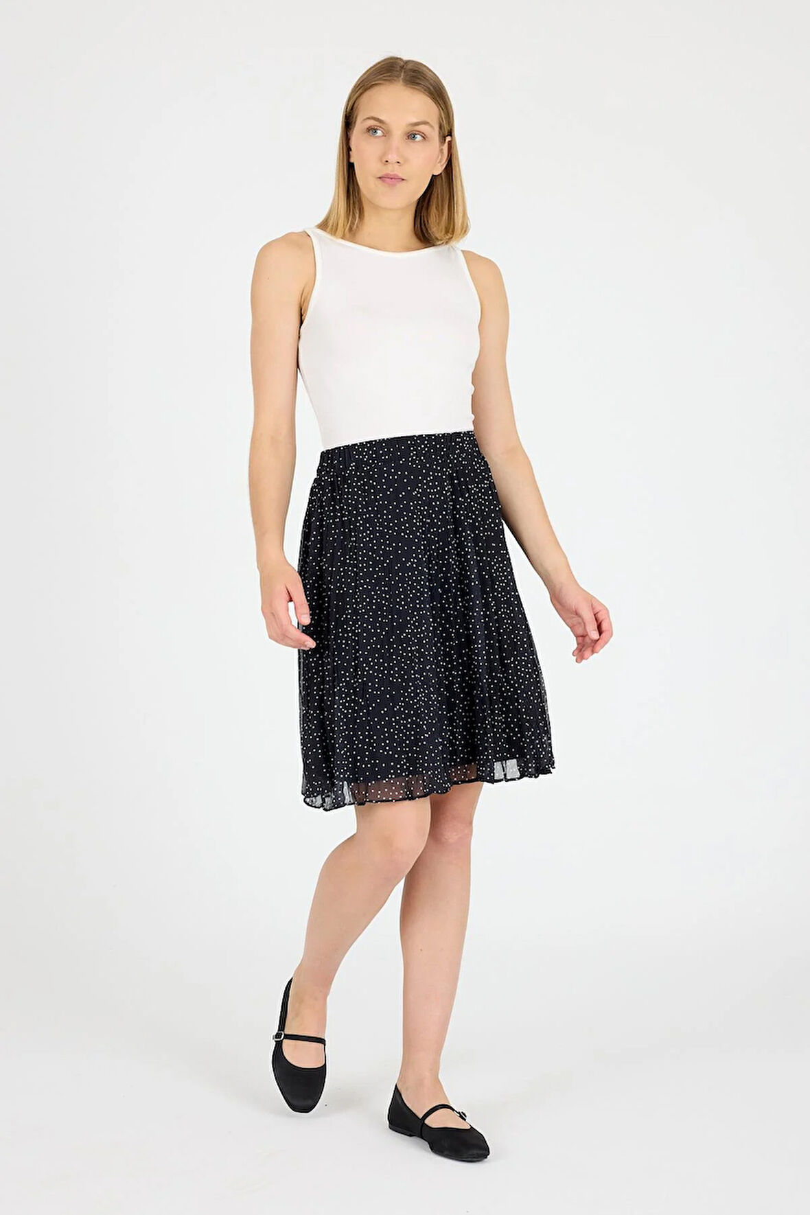 Apsen 2201/53 Siyah Puantiyeli  Astarlı Şifon Mini Boy Dokuma Etek