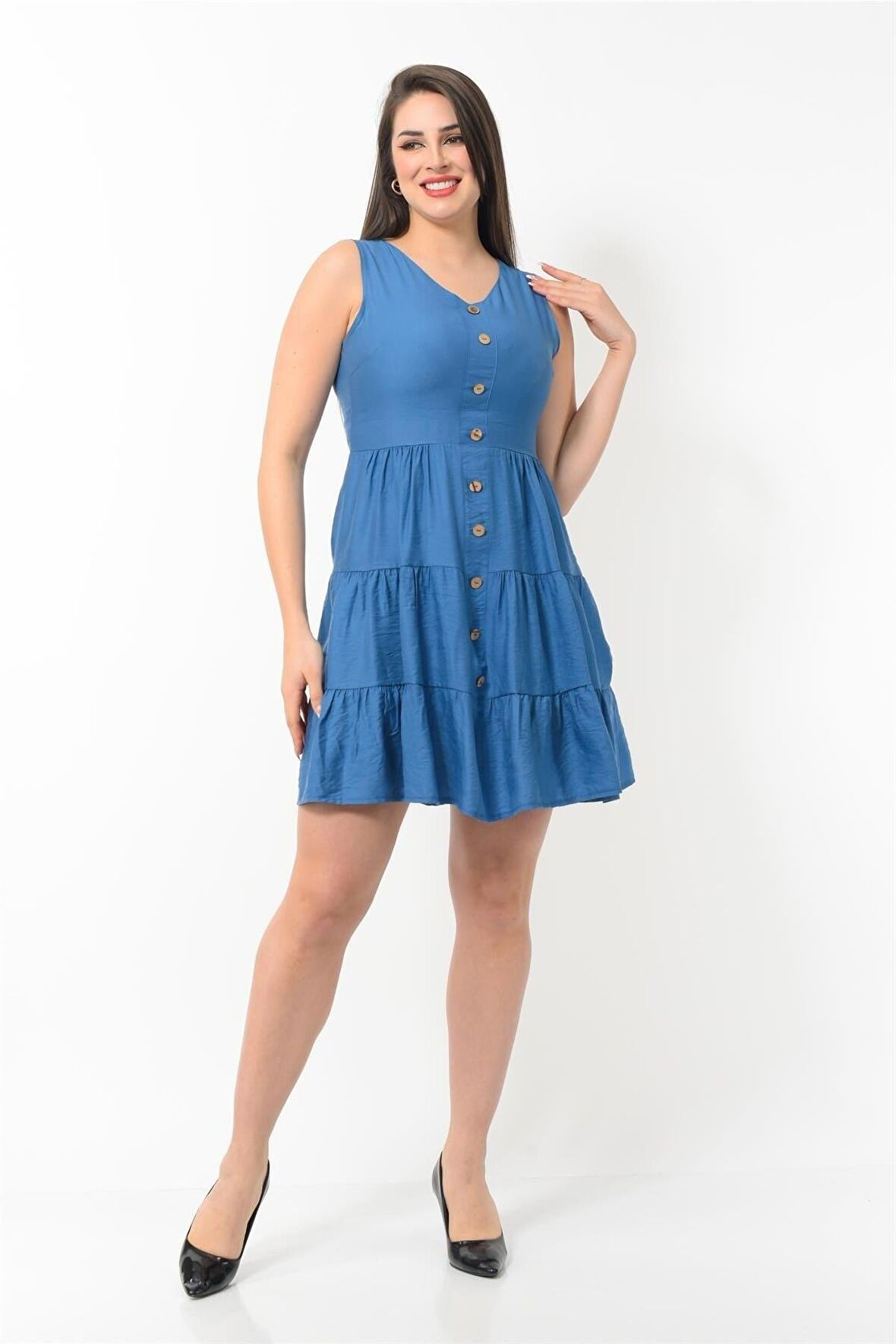 Kadın Boydan Düğmeli Yeni Sezon V Yaka Midi Boy Elbise 4472/95